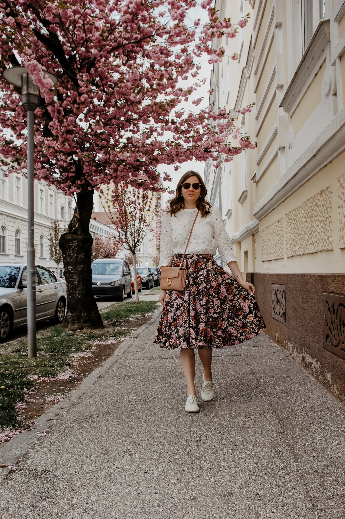 flower midi skirt, blouse, Marie Zelie, Coccinelle Arlettis , spring outfit, cherry blossom