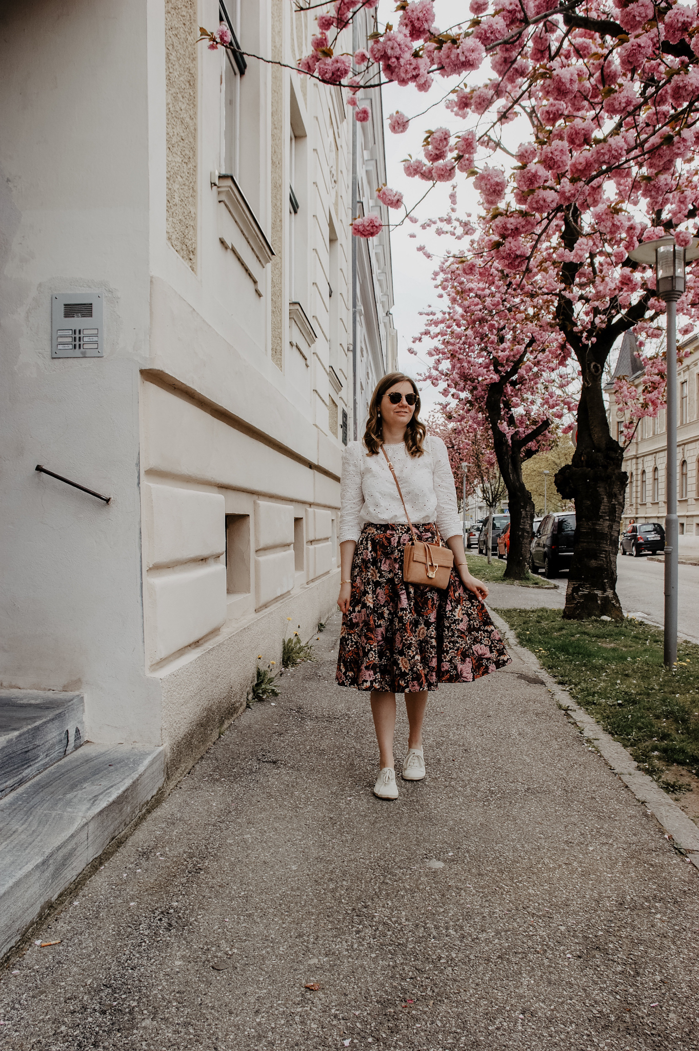 flower midi skirt, blouse, Marie Zelie, Coccinelle Arlettis bag, cherry blossom