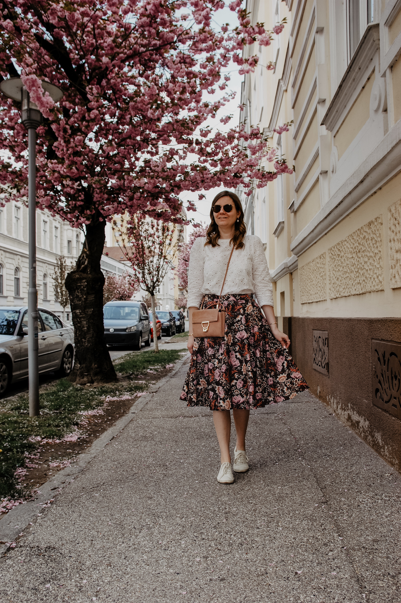 flower midi skirt, blouse, Marie Zelie, Coccinelle Arlettis , spring outfit, cherry blossom