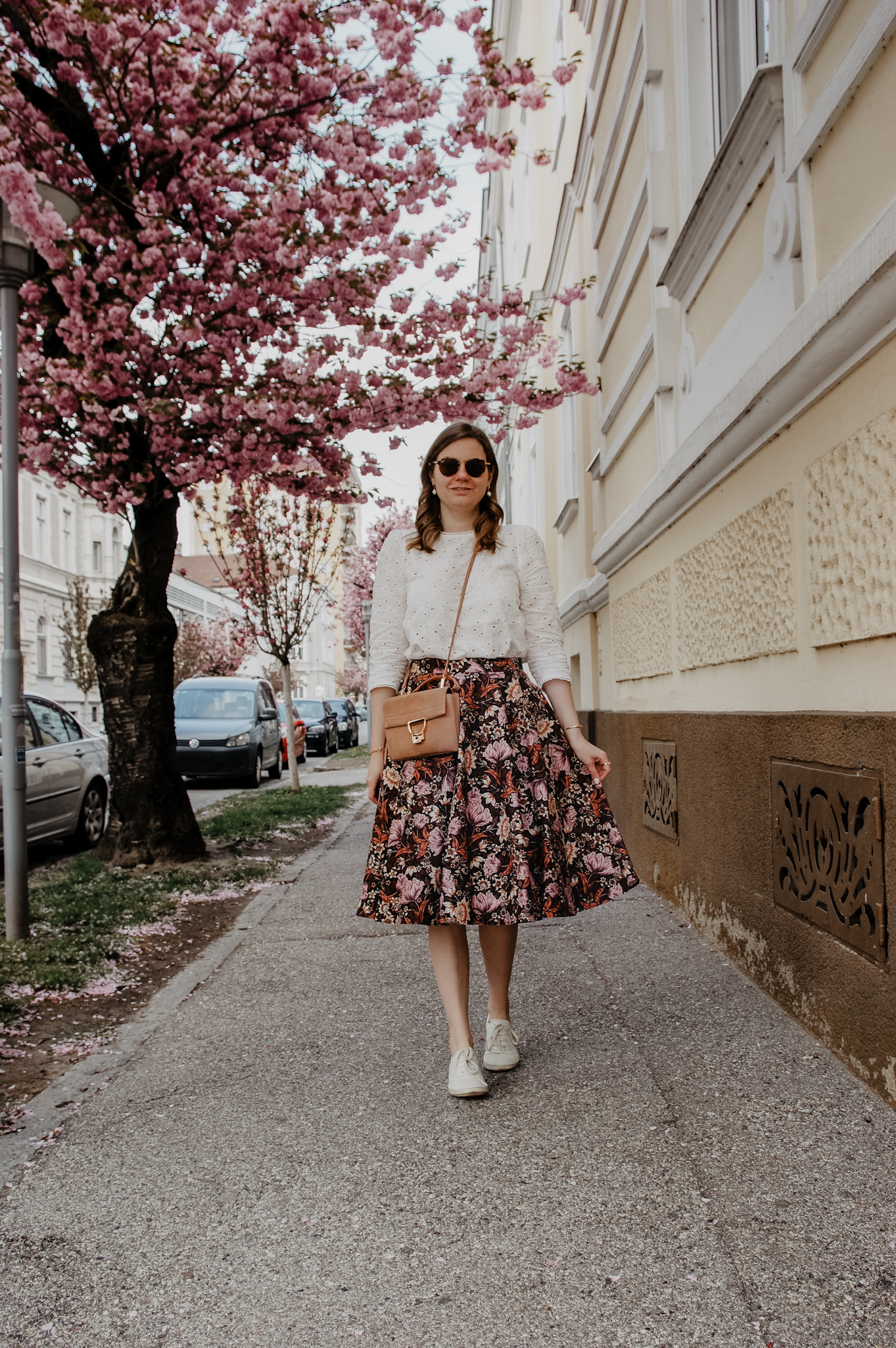 flower midi skirt, blouse, Marie Zelie, Coccinelle Arlettis , spring outfit, cherry blossom