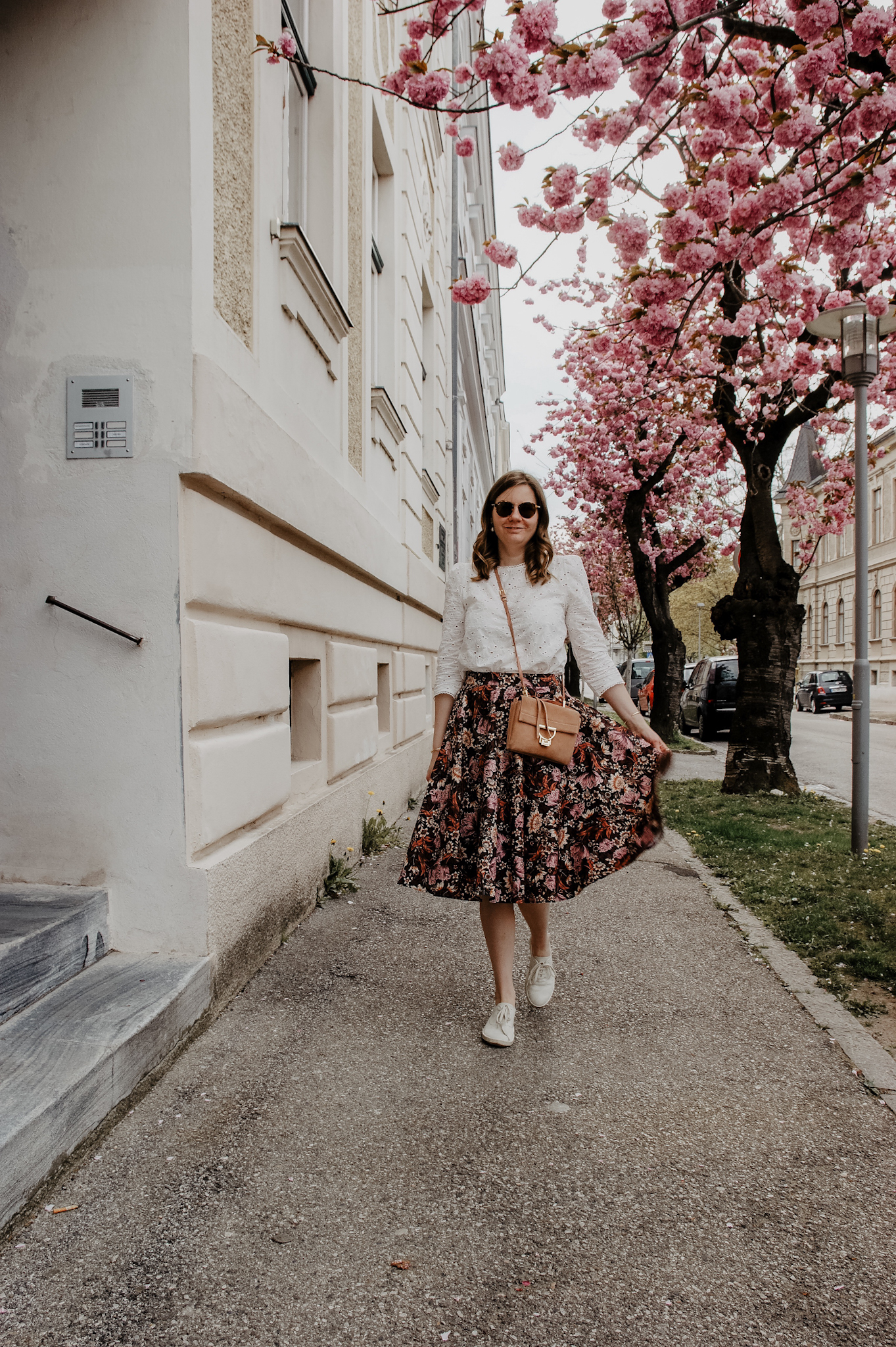 flower midi skirt, blouse, Marie Zelie, Coccinelle Arlettis , spring outfit, cherry blossom