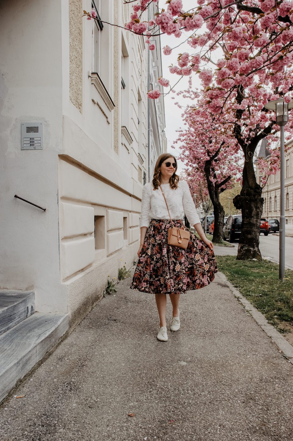 flower midi skirt, blouse, Marie Zelie, Coccinelle Arlettis , spring outfit, cherry blossom