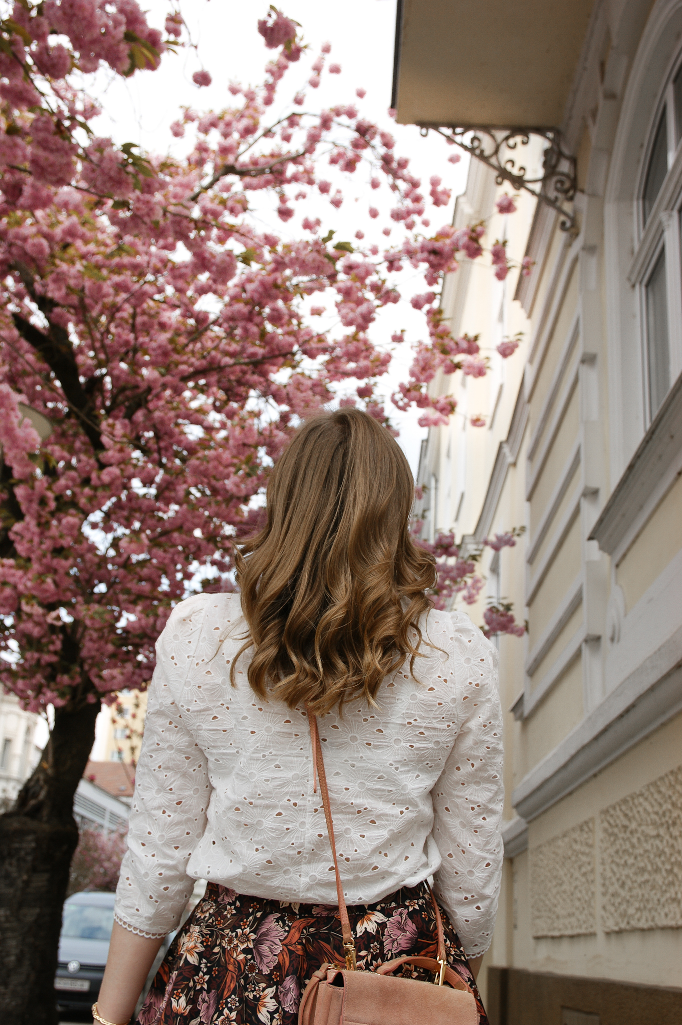 flower midi skirt, blouse, Marie Zelie, Coccinelle Arlettis , spring outfit, cherry blossom