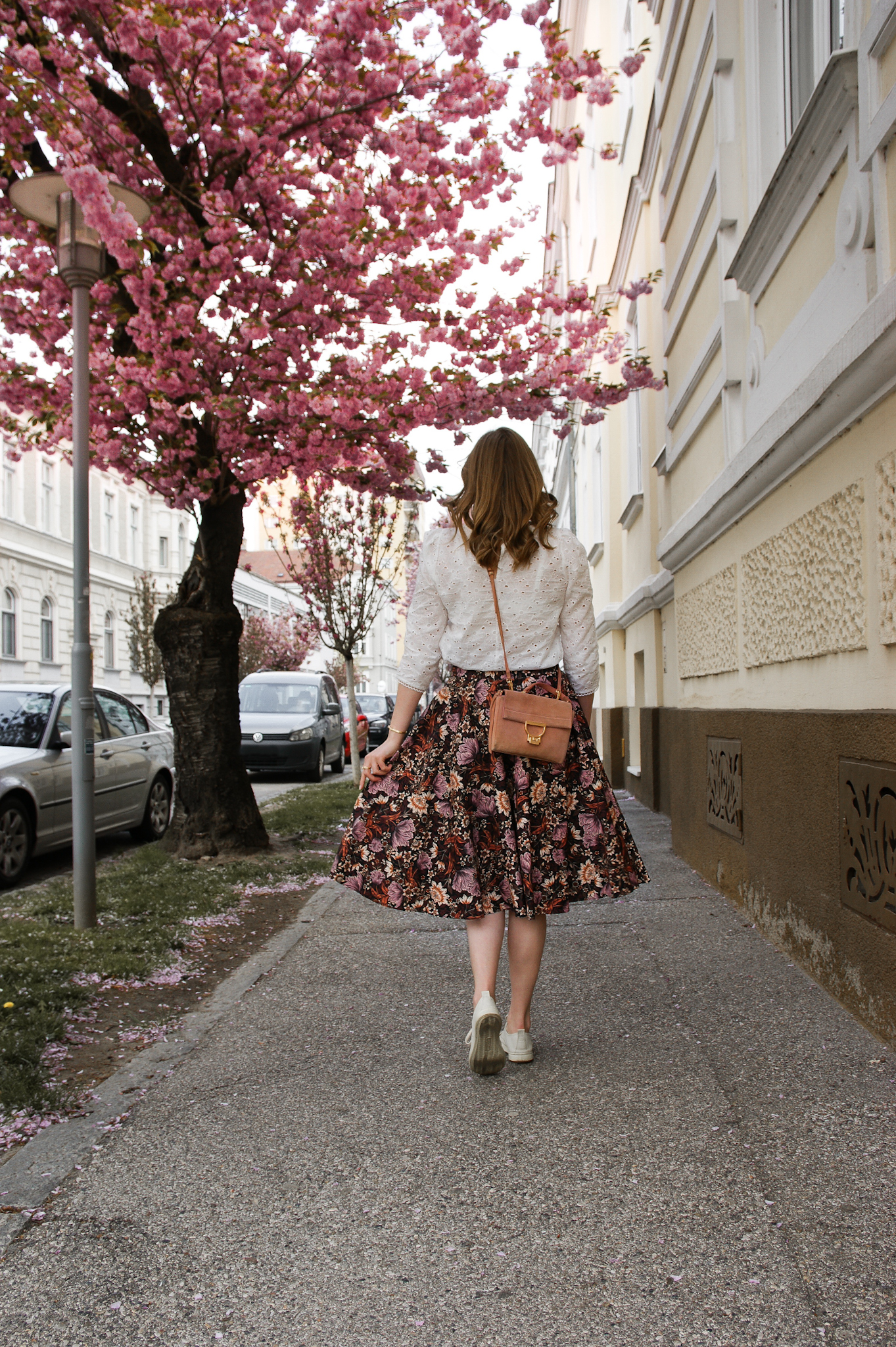 flower midi skirt, blouse, Marie Zelie, Coccinelle Arlettis , spring outfit, cherry blossom