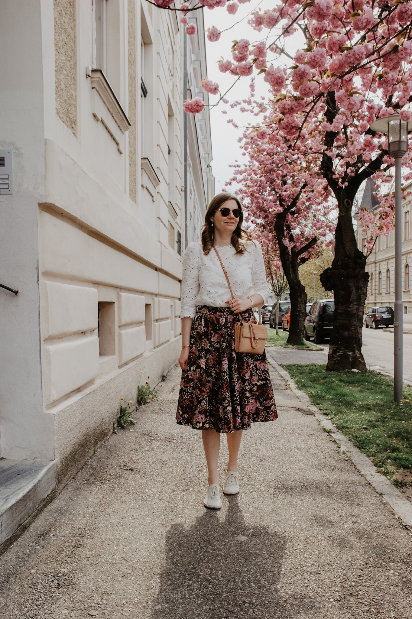 flower midi skirt, blouse, Marie Zelie, Coccinelle Arlettis , spring outfit, cherry blossom