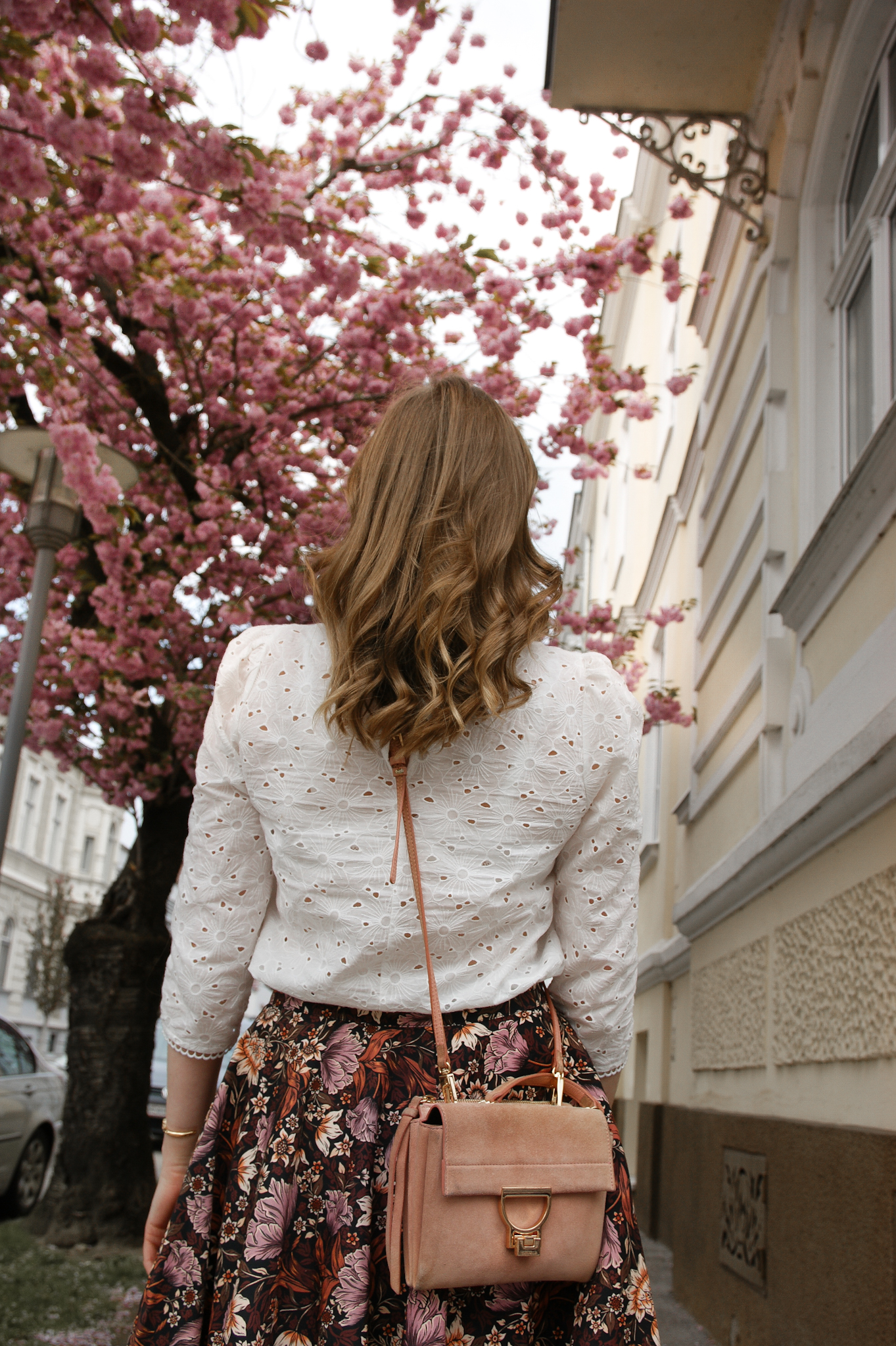 flower midi skirt, blouse, Marie Zelie, Coccinelle Arlettis , spring outfit, cherry blossom