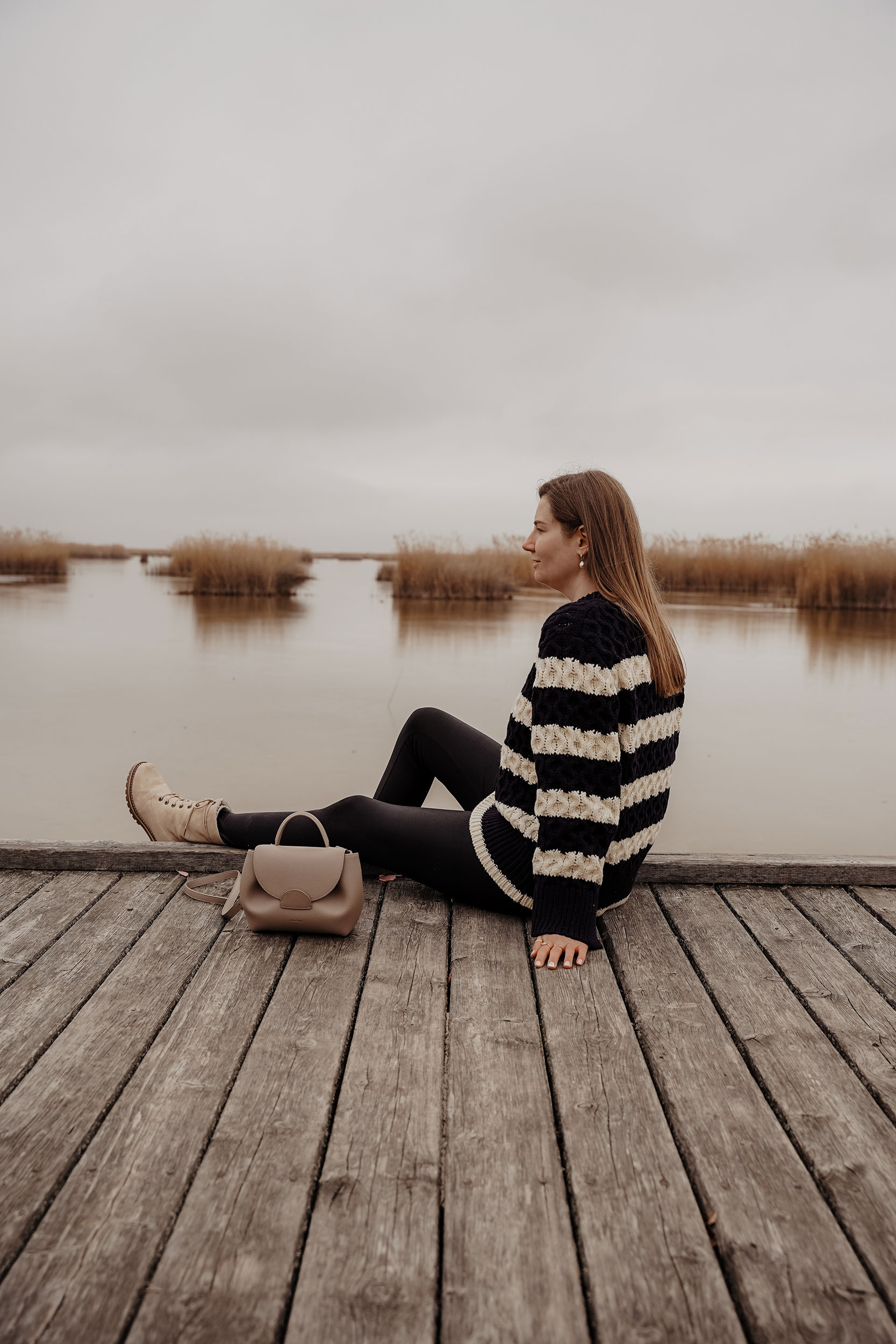 Winter Outfit, Streifenpullover, Lederleggings, Neusiedler See