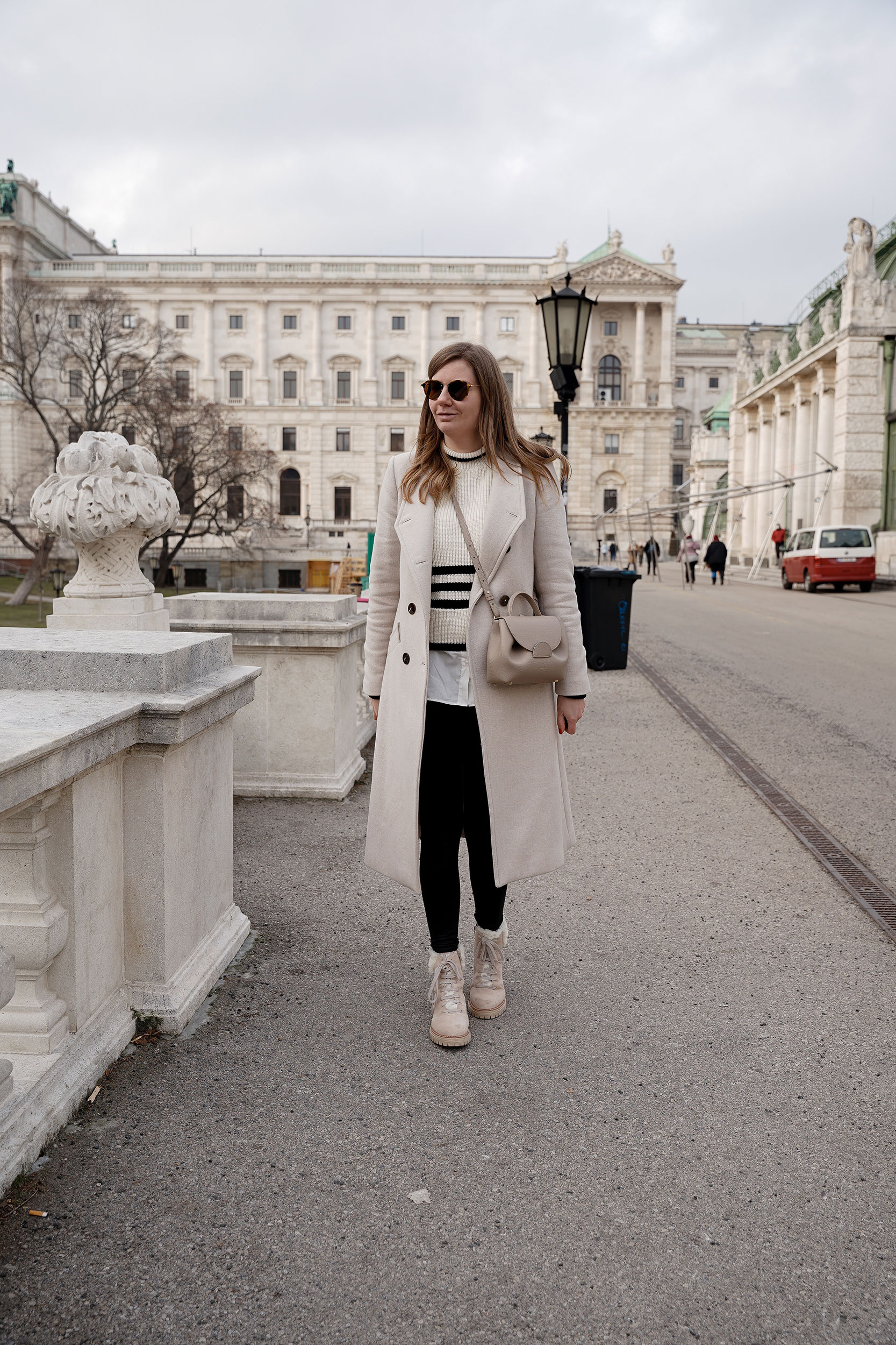 Winter Outfit Vienna Streetstyle, Sweater, winter coat, striped sweater, boots, polene bag