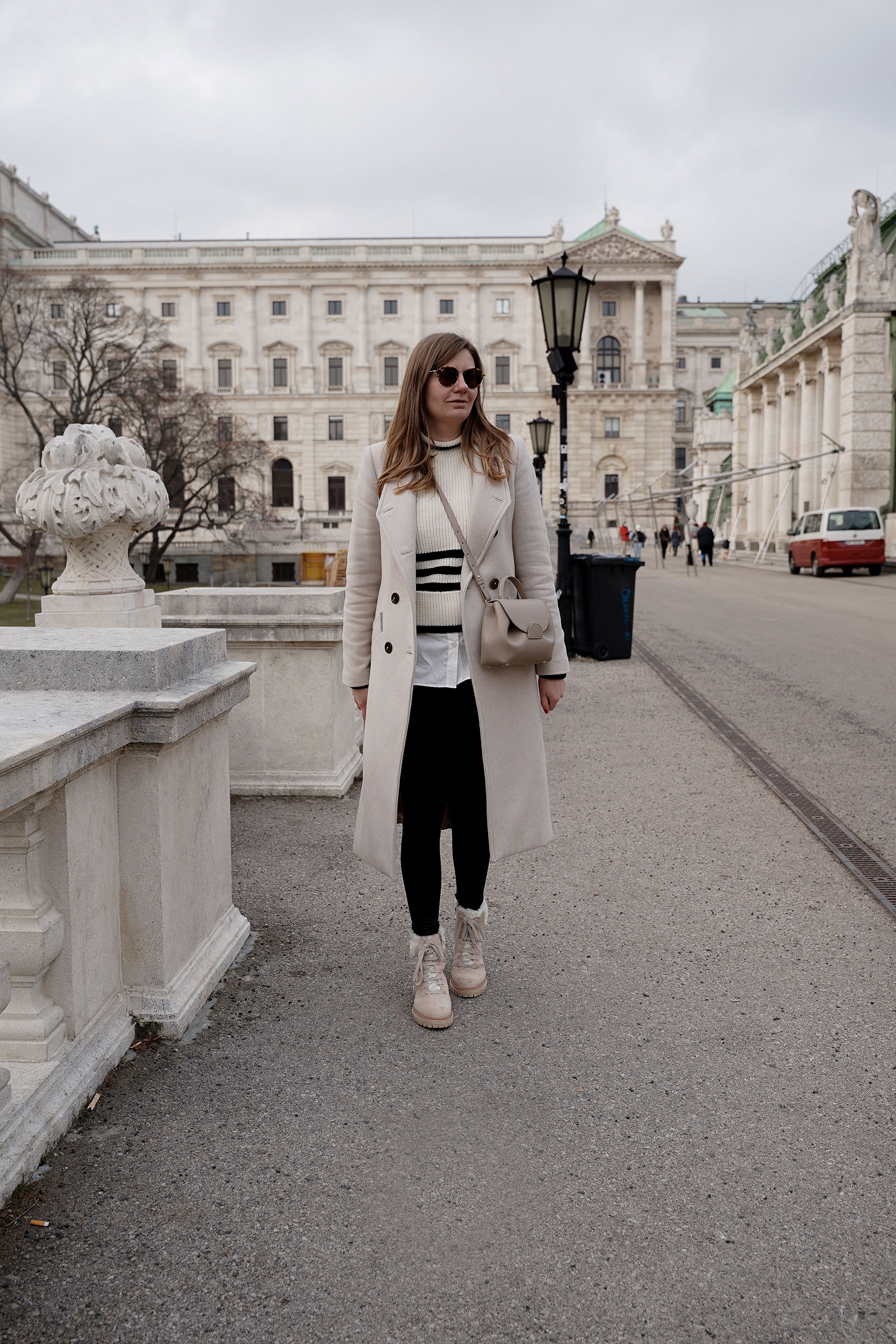 Winter Outfit Vienna Streetstyle, Sweater, winter coat, striped sweater, boots, polene bag