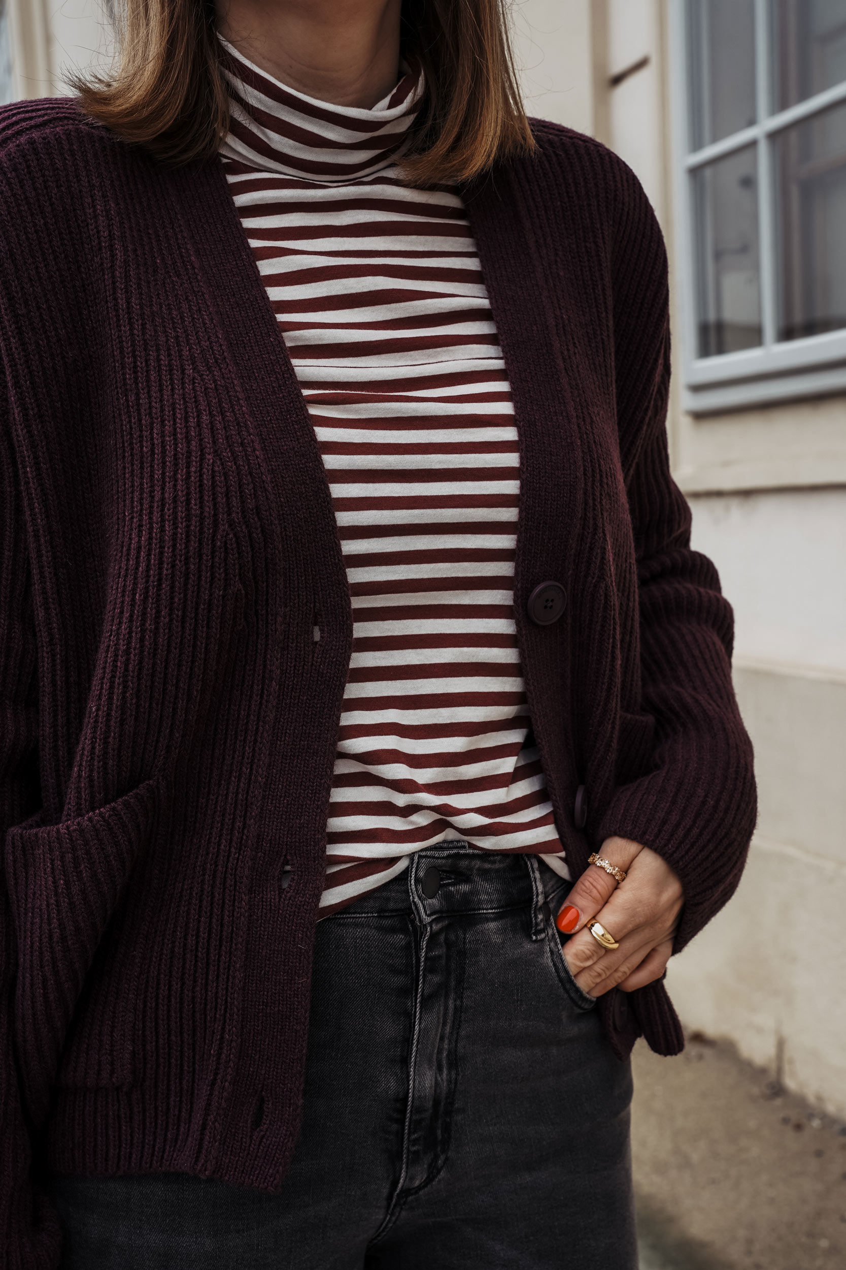 Strick Cardigan, Armedangels, Rollkragenpullover, Herbst, Jeans, layering look