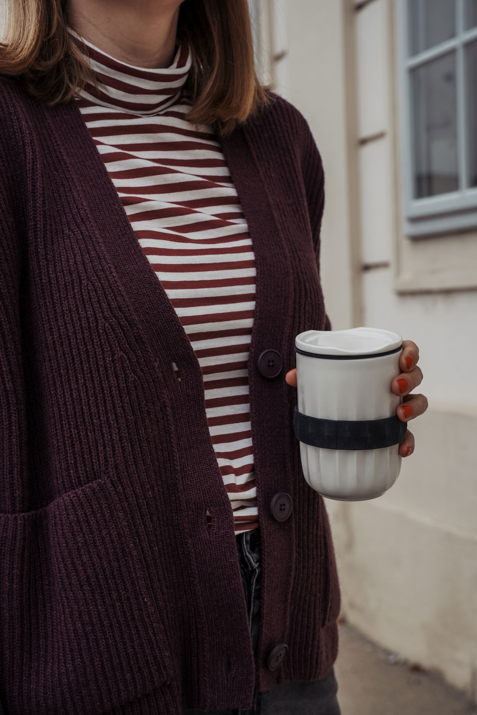 Strick Cardigan, Armedangels, Rollkragenpullover, Herbst, Jeans, layering look