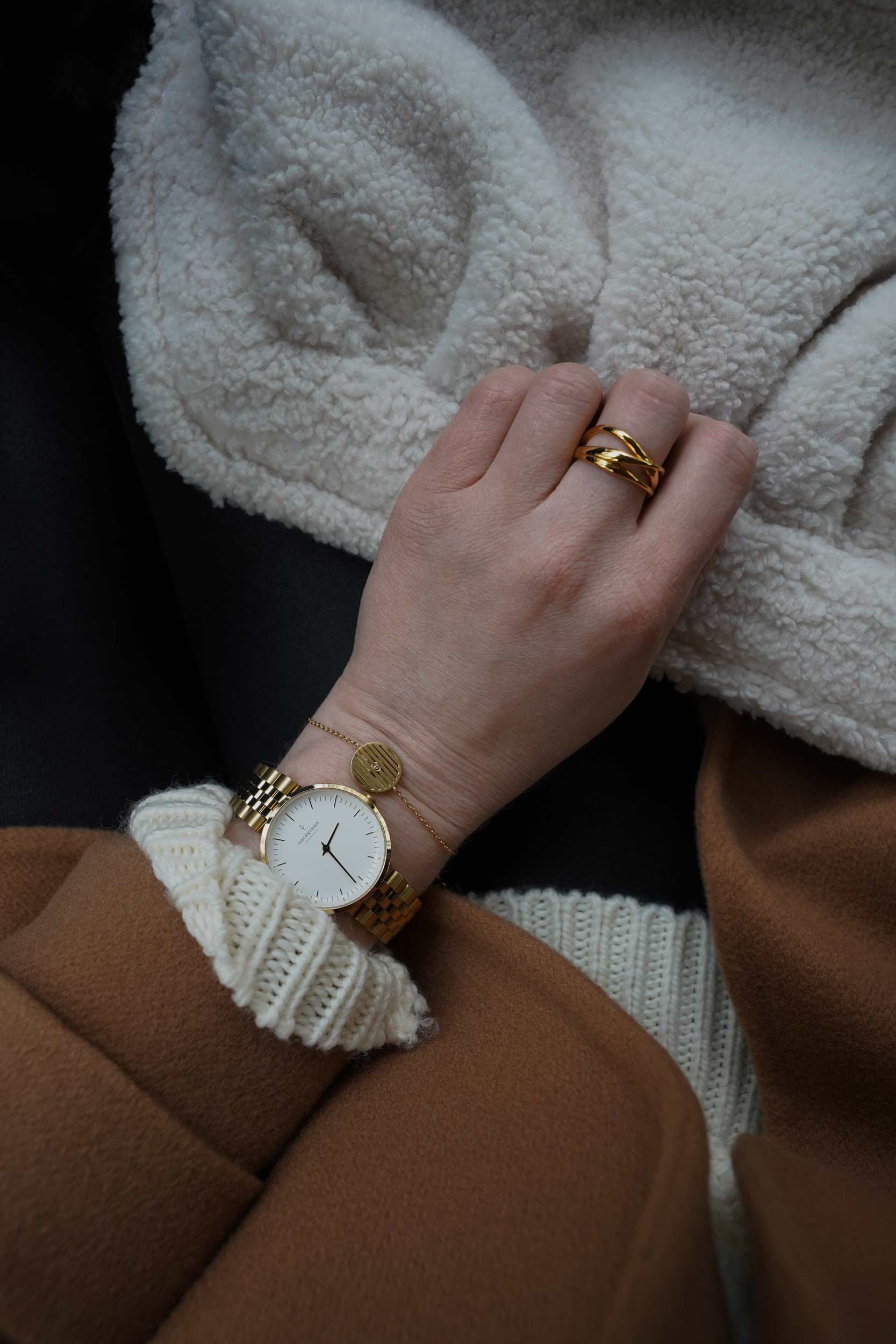 Nordgreen watch infinity 32mm white dial gold, winter outfit, teddy bag, sezane coat, camel, winter outfit