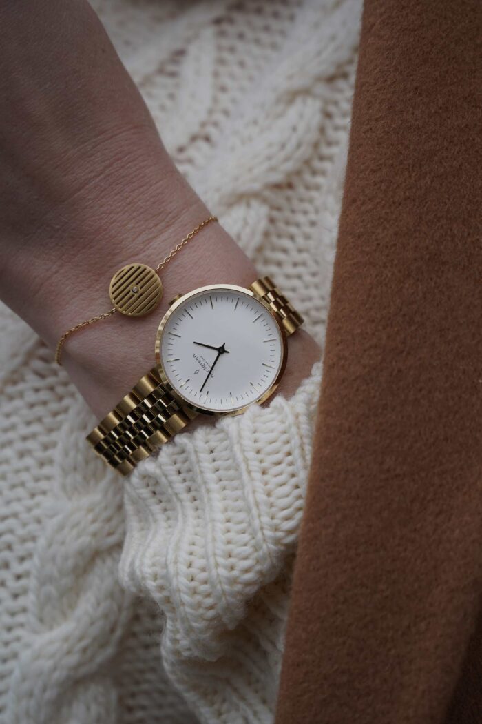 Nordgreen watch infinity 32mm white dial gold, winter outfit, teddy bag, sezane coat, camel, winter outfit