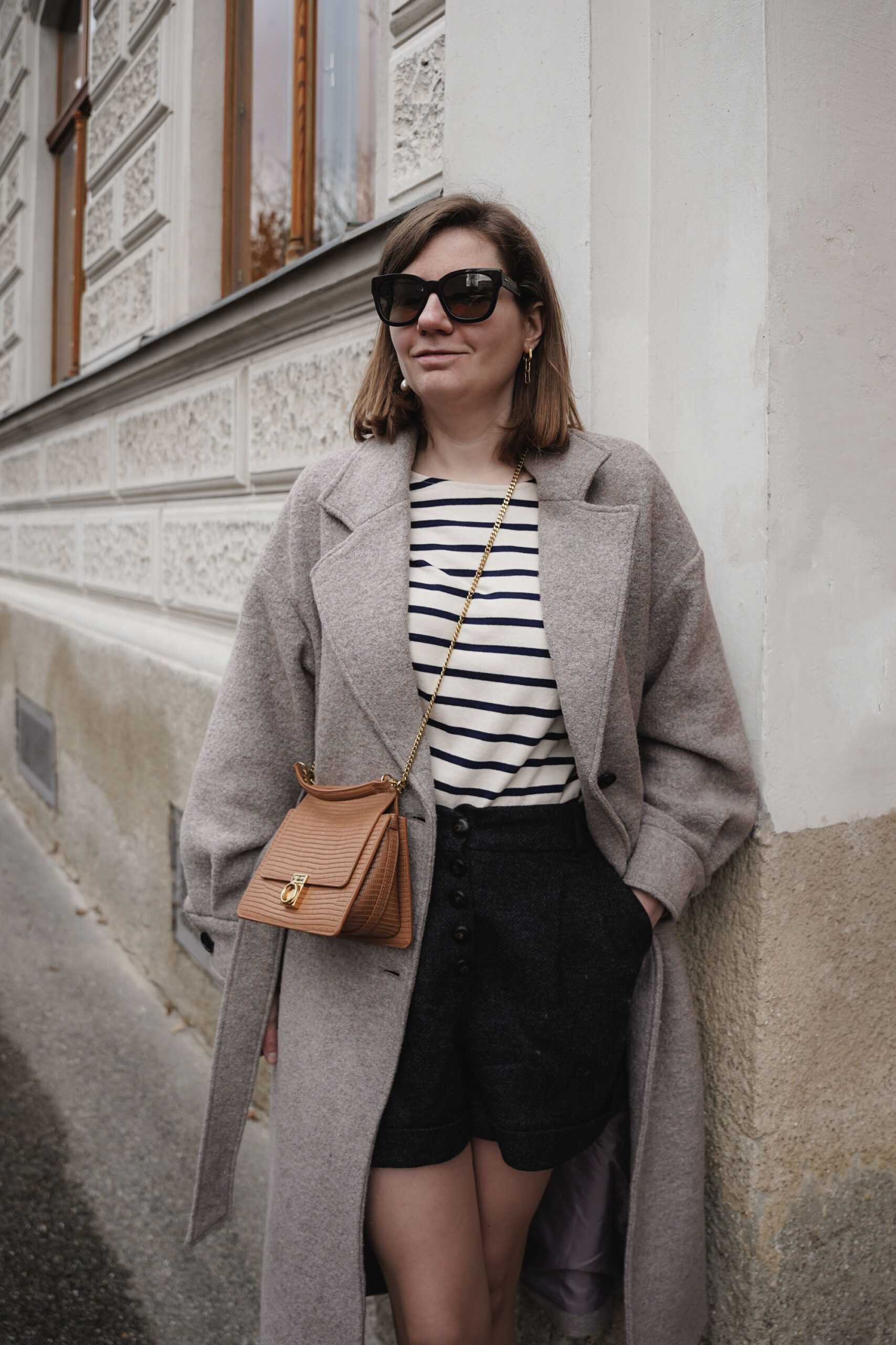 Edited winter coat, striped sezane sweater, shorts, polene bag