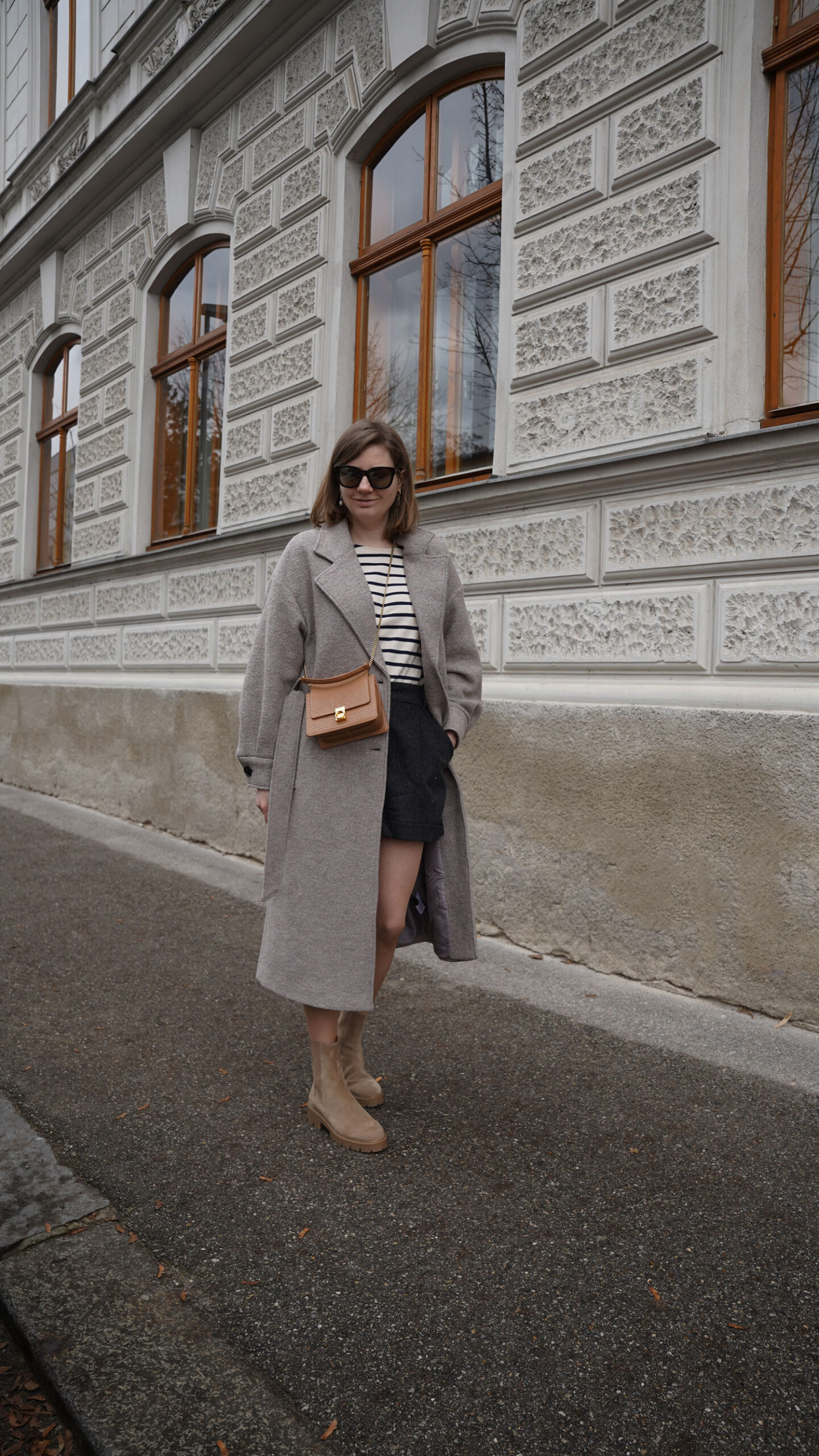 Edited winter coat, striped sezane sweater, shorts, polene bag