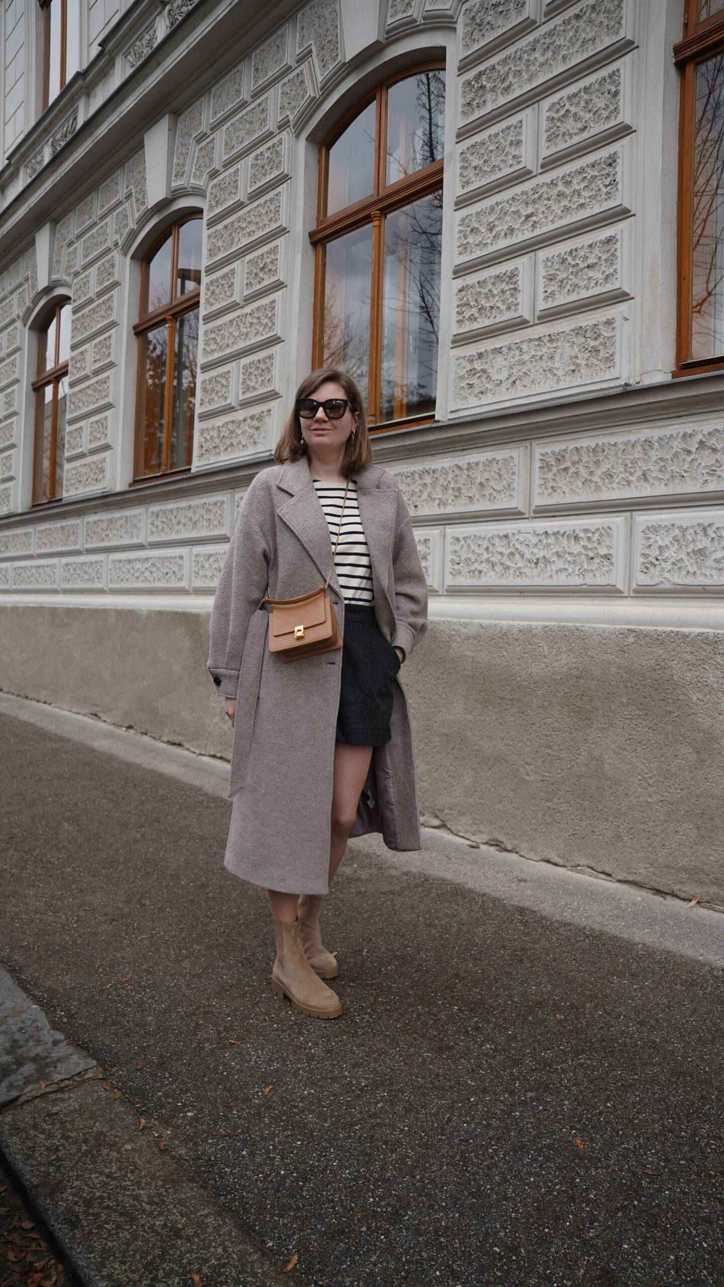 Edited winter coat, striped sezane sweater, shorts, polene bag