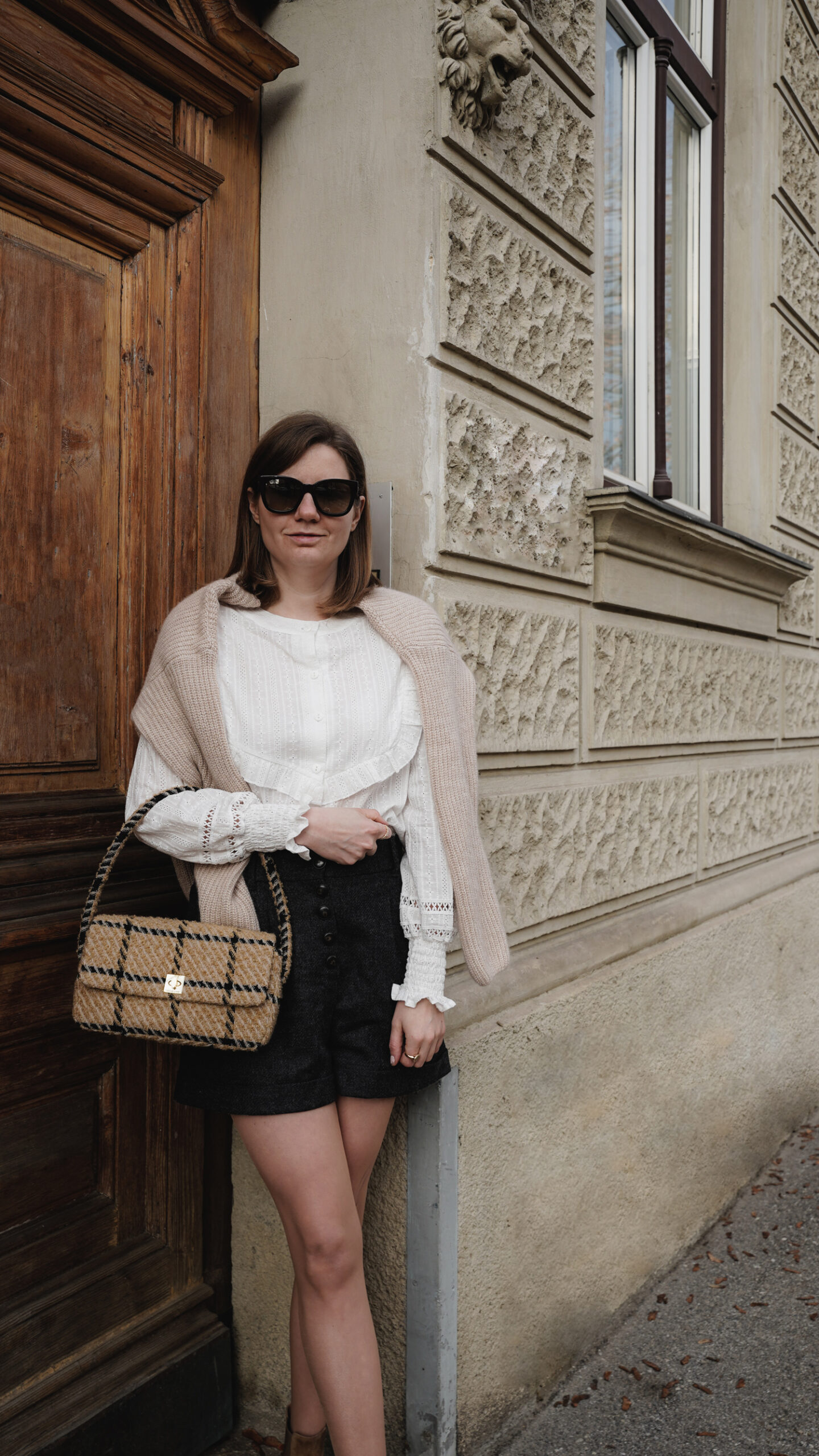 Sezane Shorts Winter Outfit Anine Bing Bag white blouse