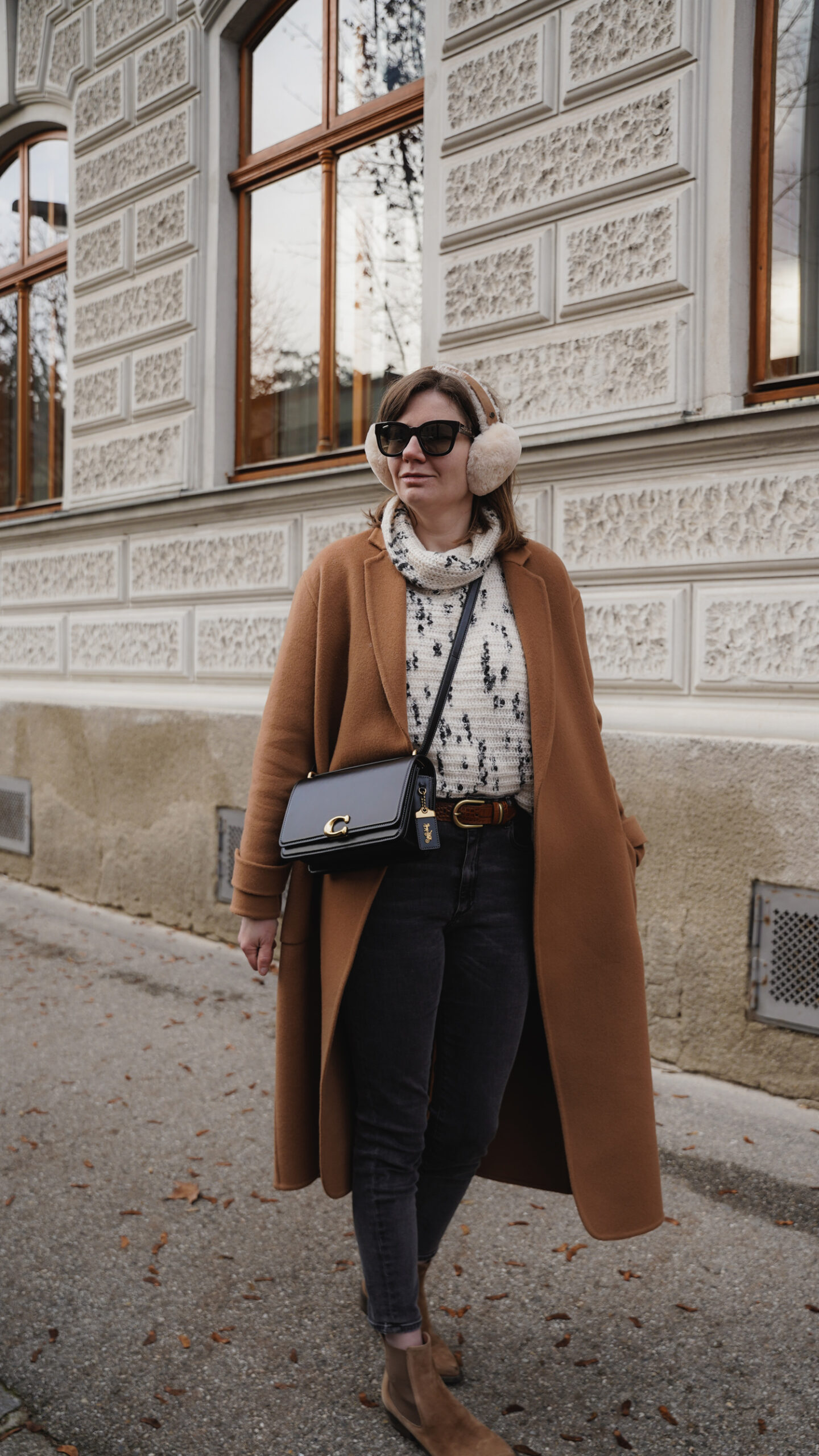 Sezane winter coat, sweater, jeans coach bag