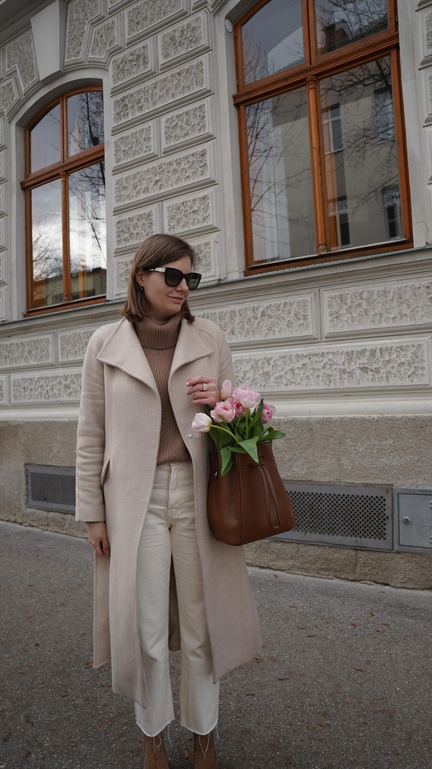 Winter Outfit Mango coat, brown sweater, straight leg jeans, beige, bucket bag furla