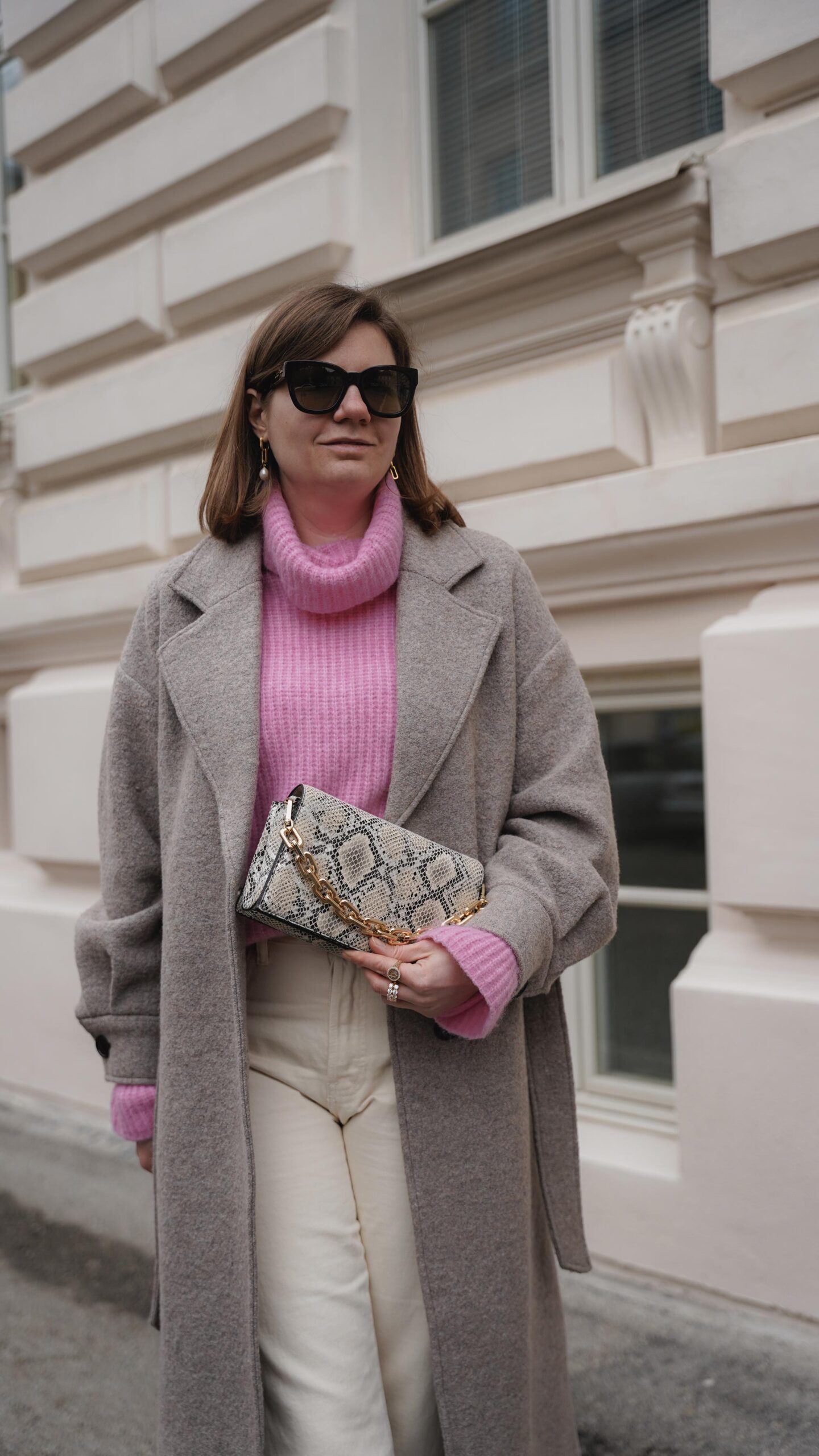 grey winter coat edited, pink sweater, straight leg mango jeans ideal of sweden bag