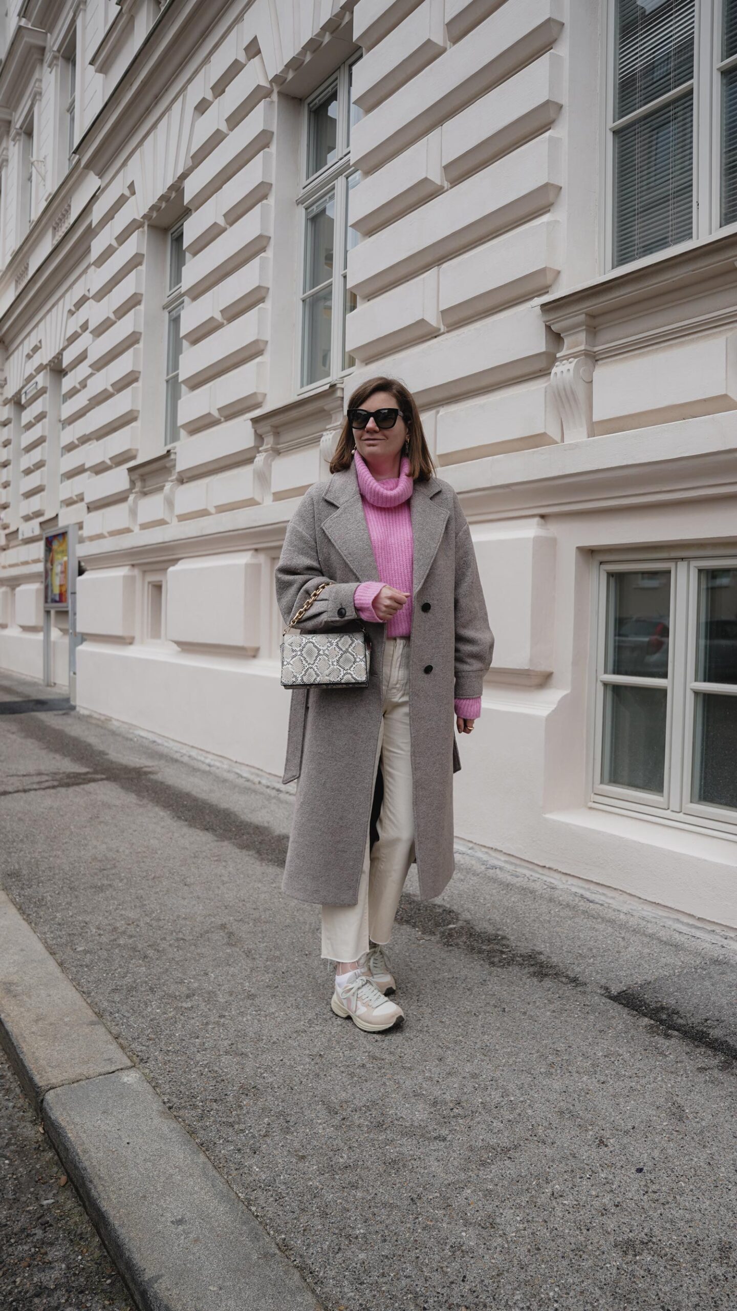grey winter coat edited, pink sweater, straight leg mango jeans ideal of sweden bag
