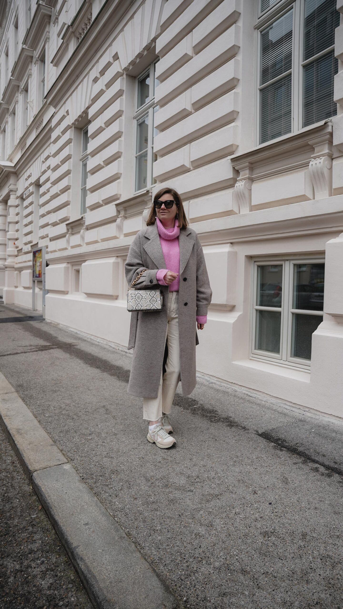 grey winter coat edited, pink sweater, straight leg mango jeans ideal of sweden bag