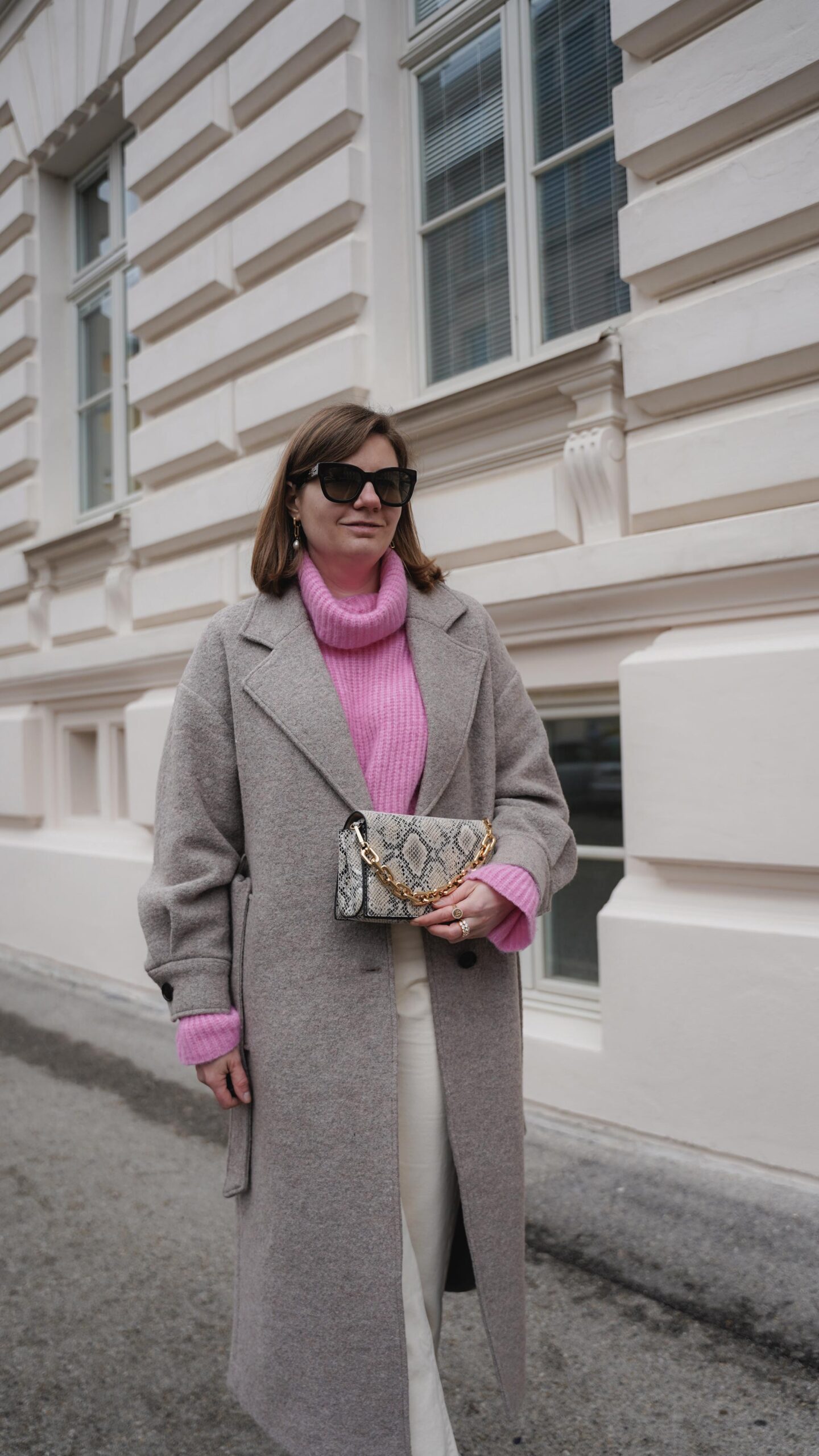 grey winter coat edited, pink sweater, straight leg mango jeans ideal of sweden bag