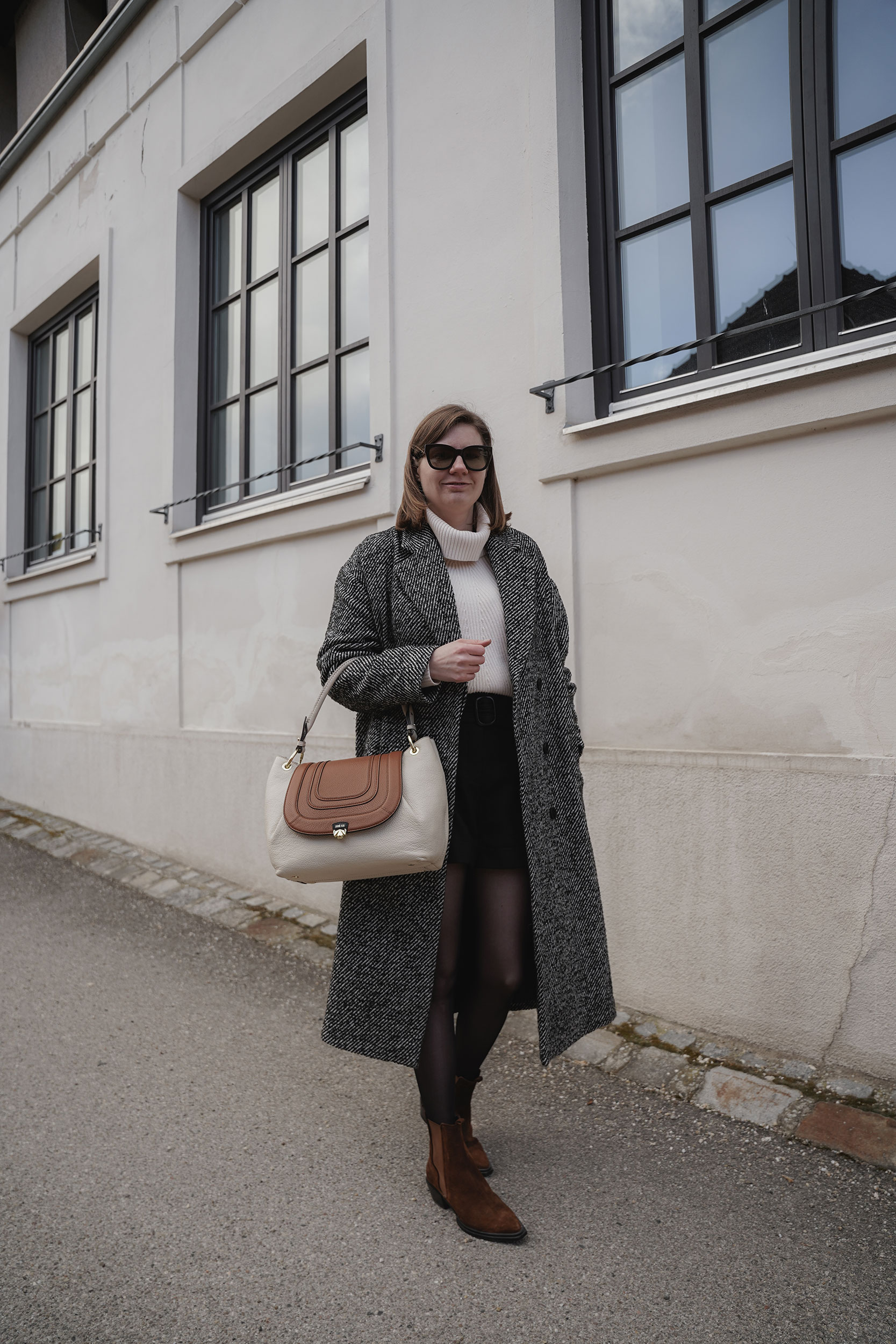 winter coat, sweater, sezane shorts, zoe lu day buddy bag