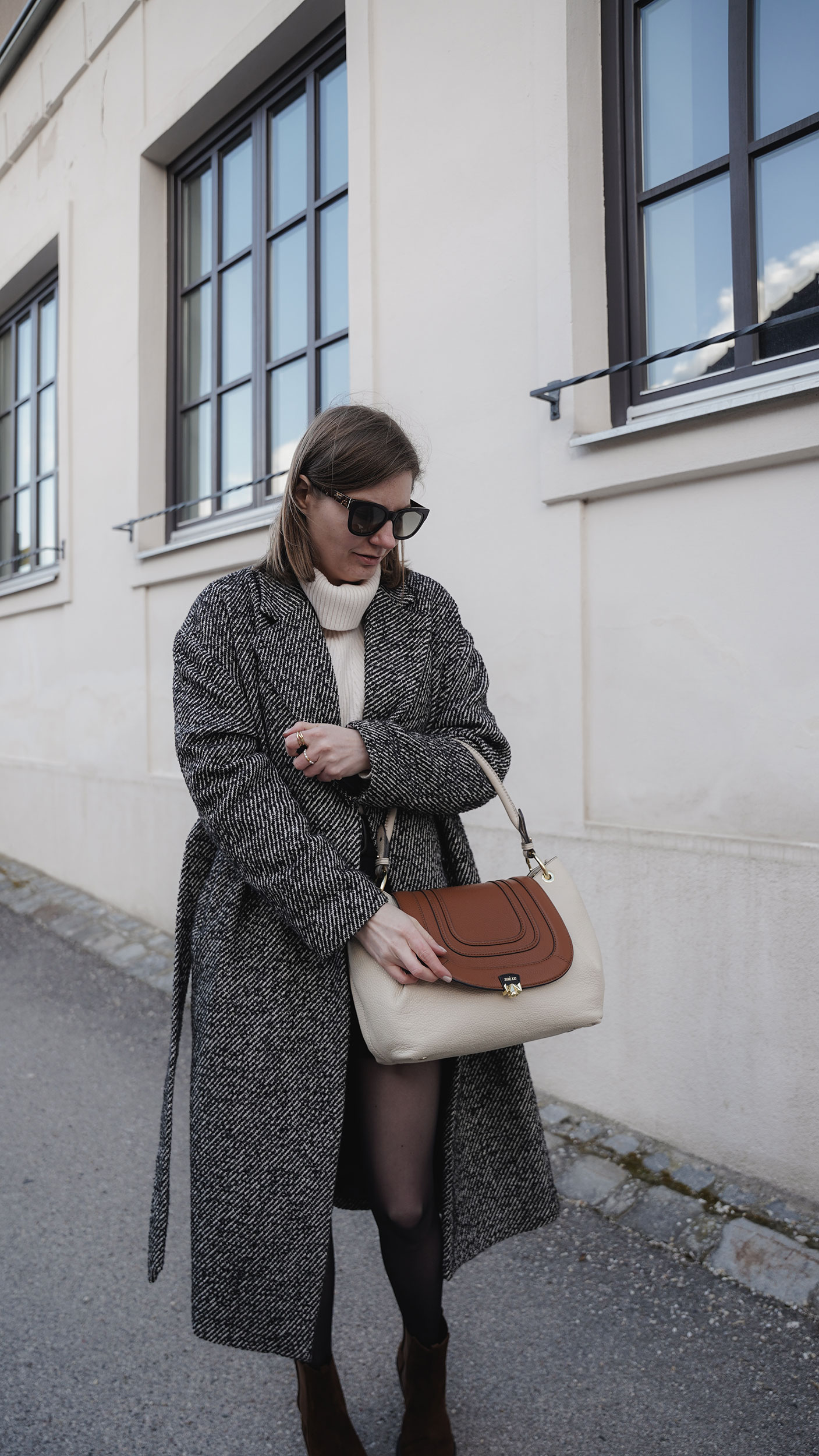 winter coat, sweater, sezane shorts, zoe lu day buddy bag