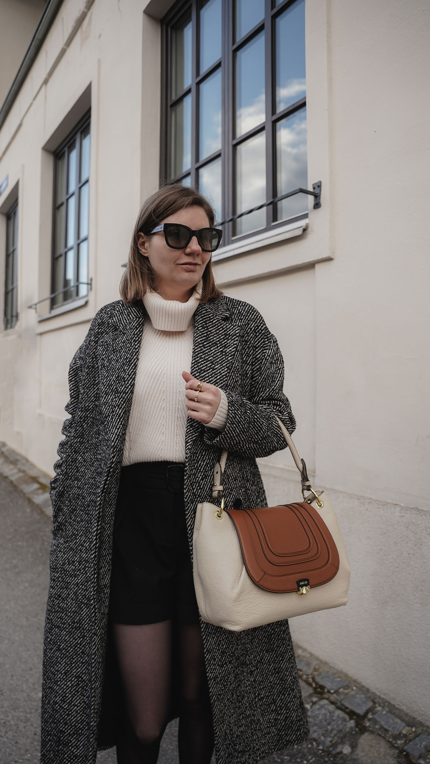 winter coat, sweater, sezane shorts, zoe lu day buddy bag