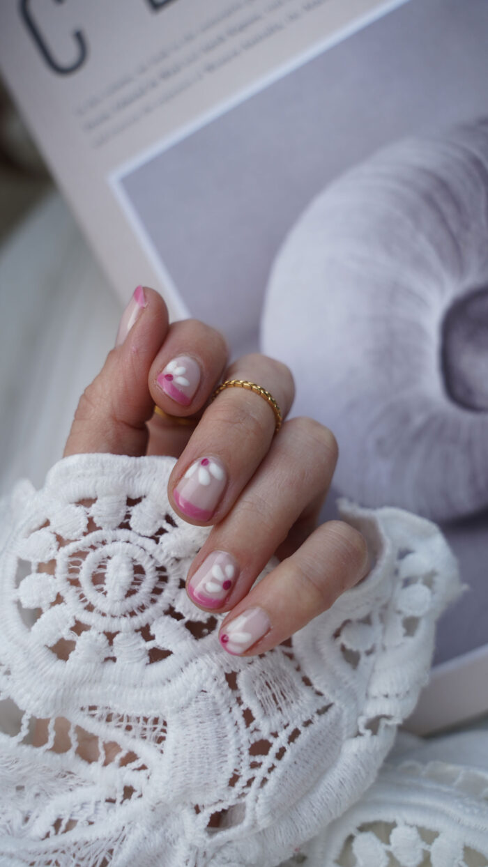 pink white flower nail design striplac