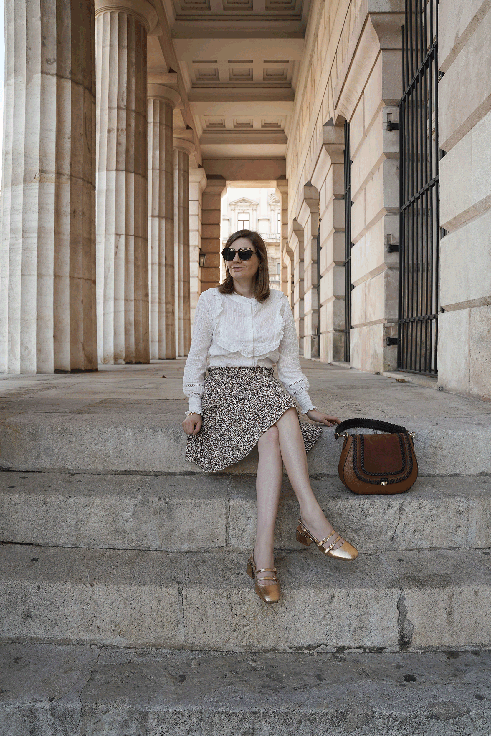 white blouse, floral mini skirt