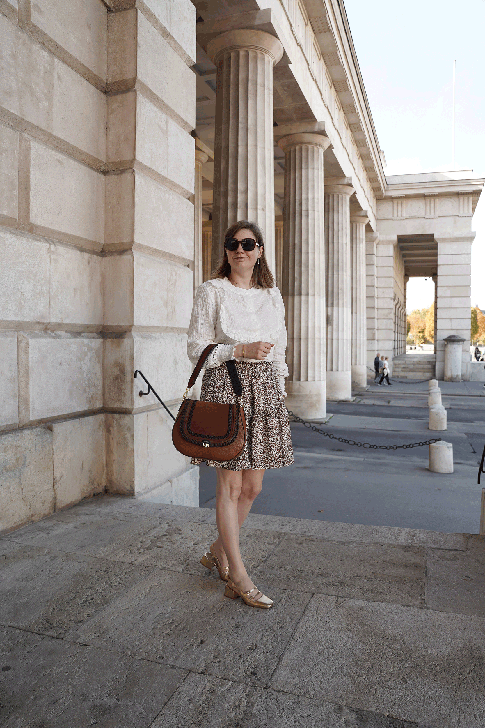 white blouse, floral mini skirt