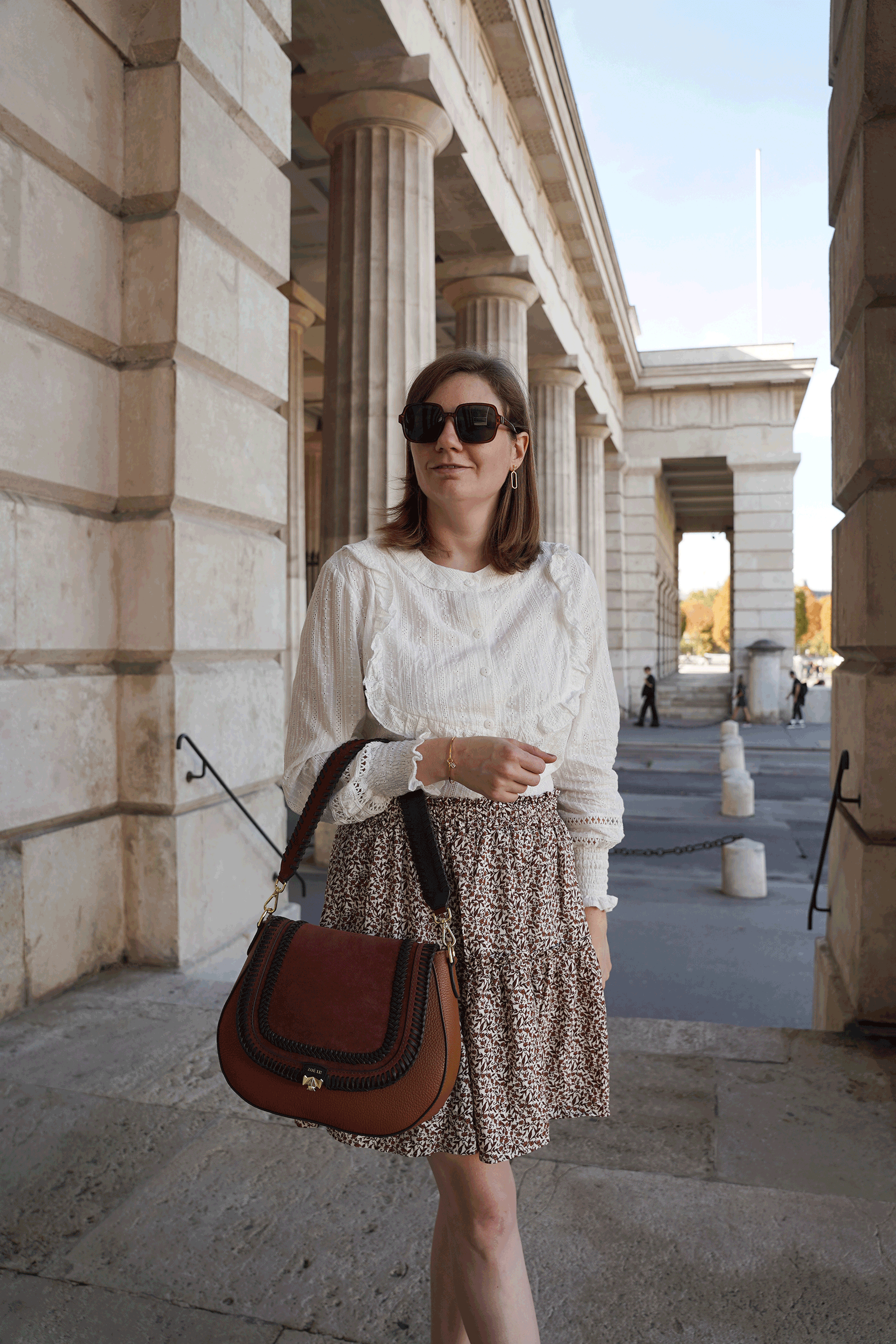 white blouse, floral mini skirt