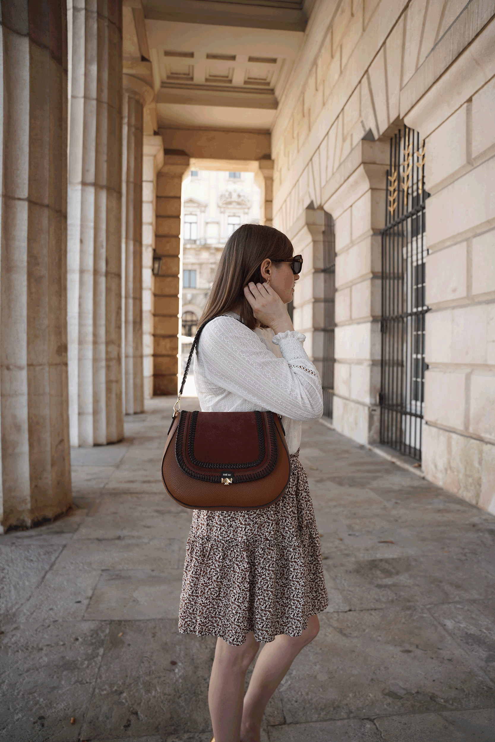 white blouse, floral mini skirt