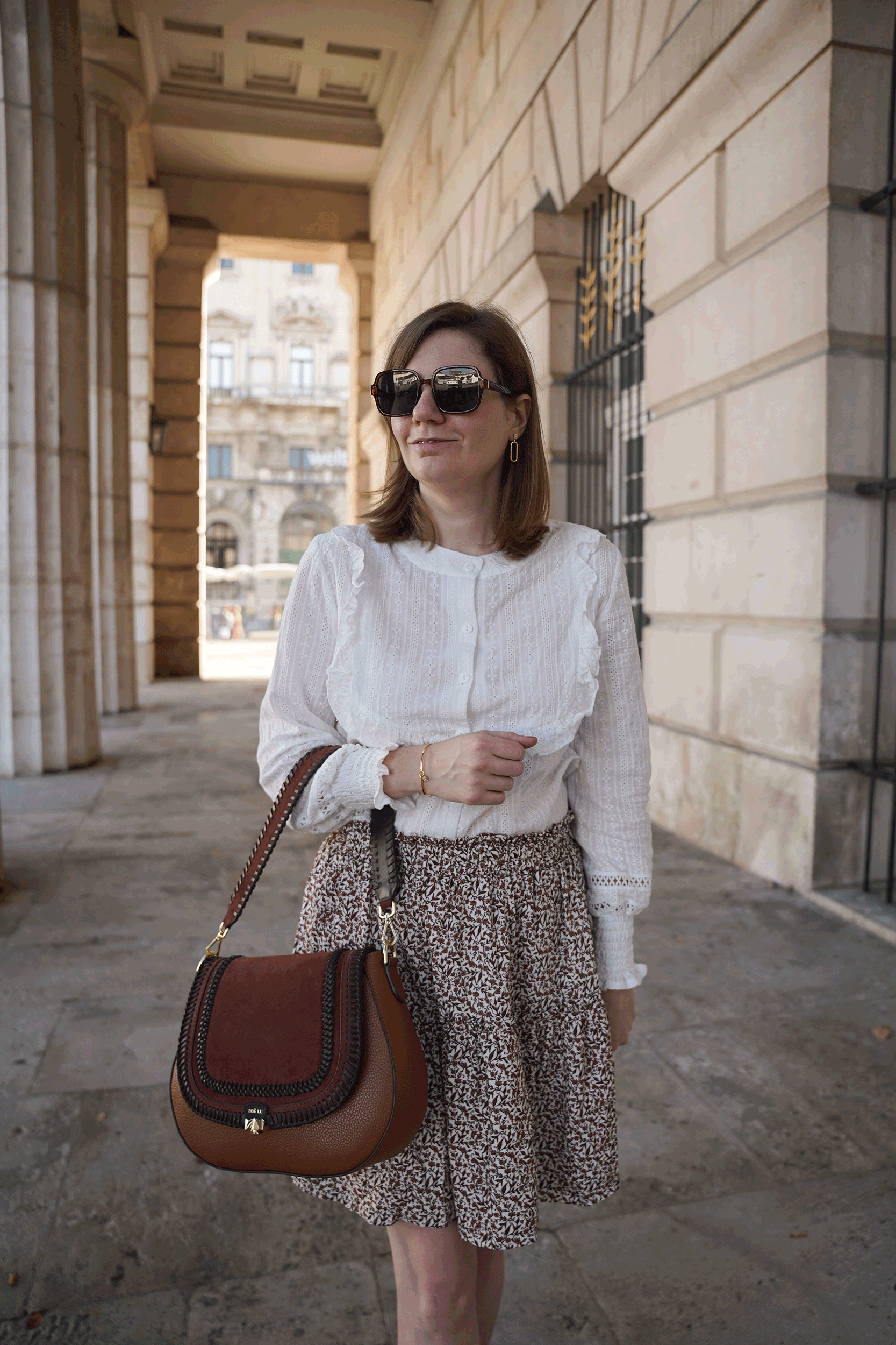 white blouse, floral mini skirt