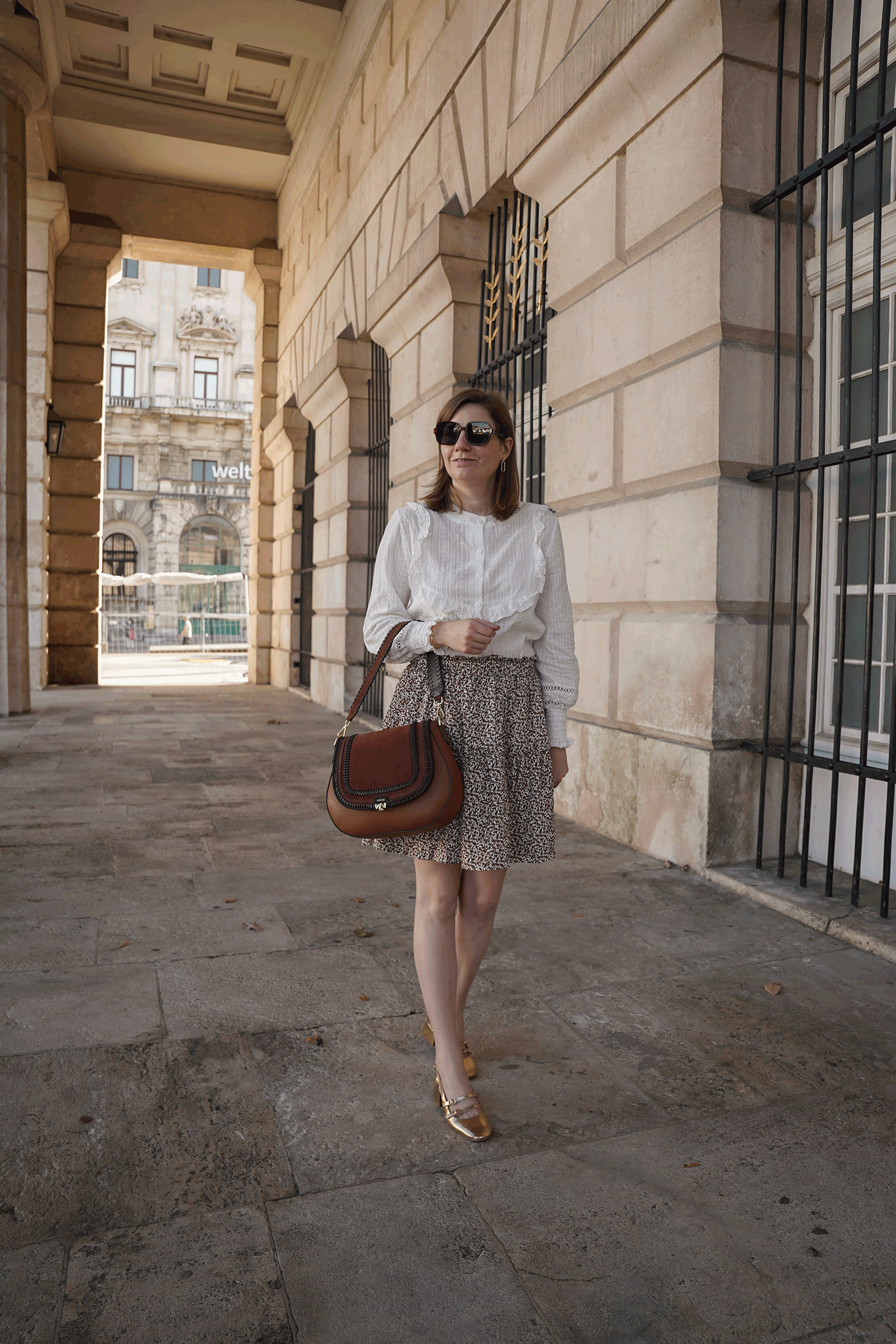 white blouse, floral mini skirt