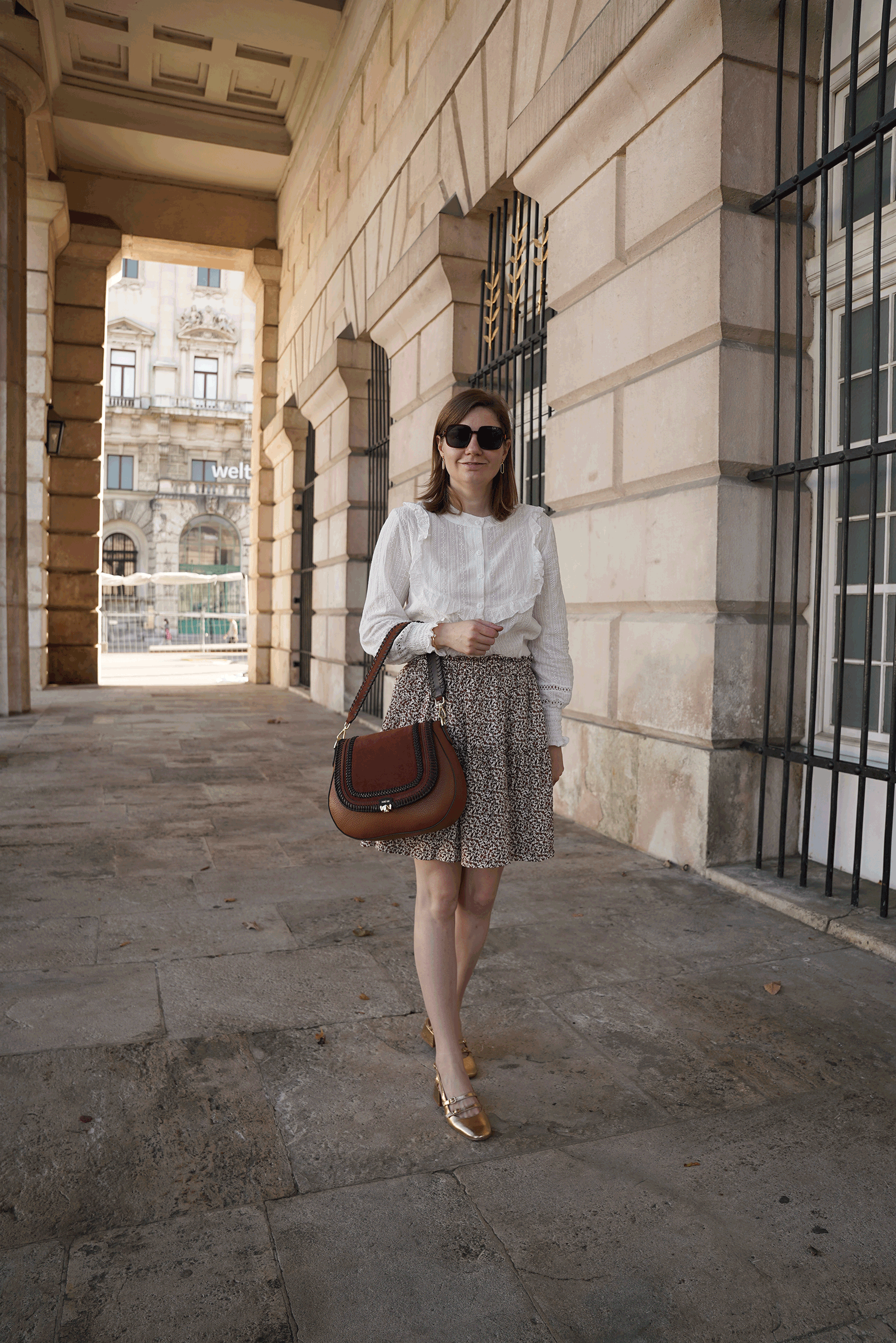 white blouse, floral mini skirt