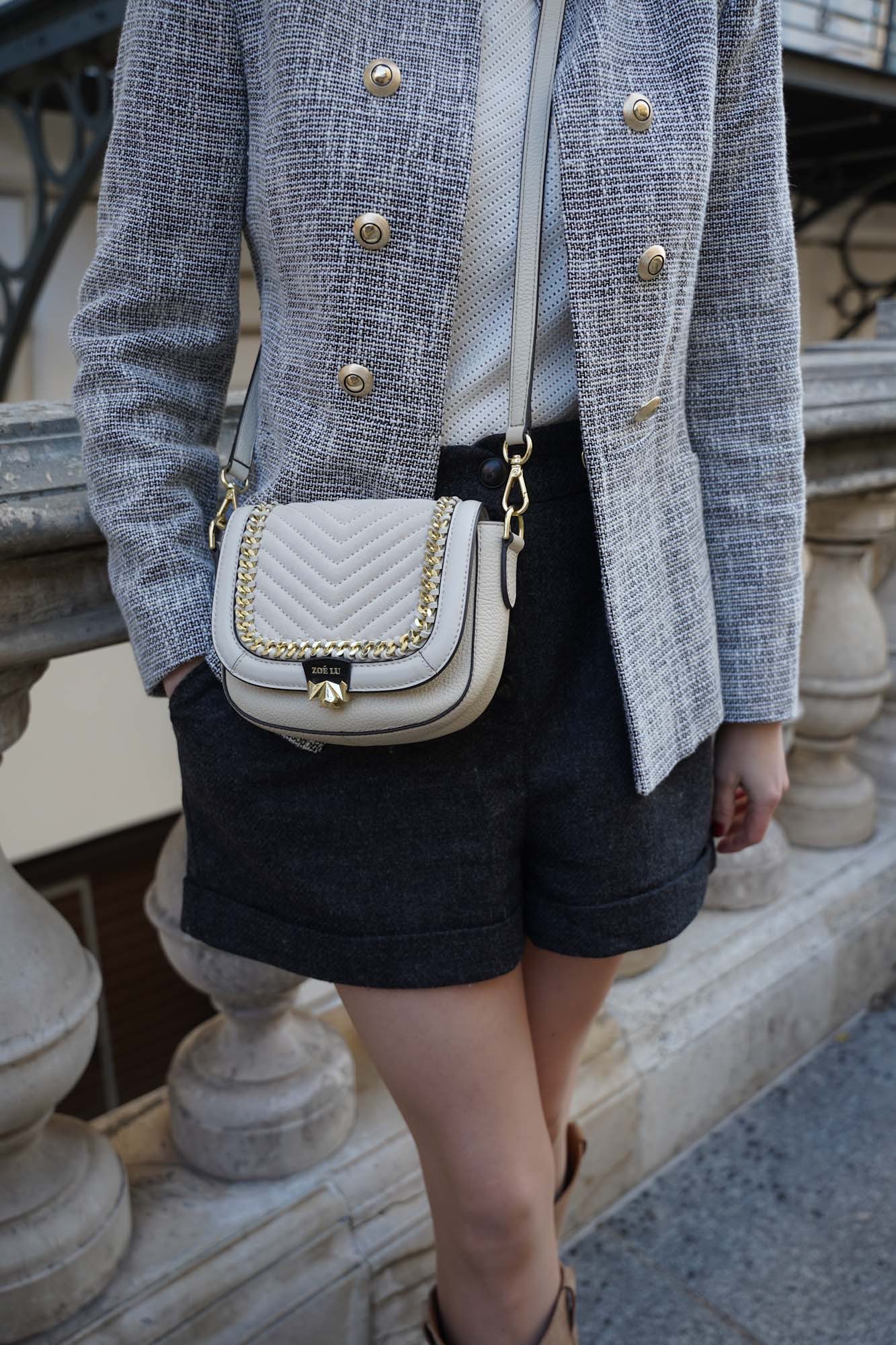 Zoe lu mini me Creme bag Zara blazer sezane shorts outfit winter 