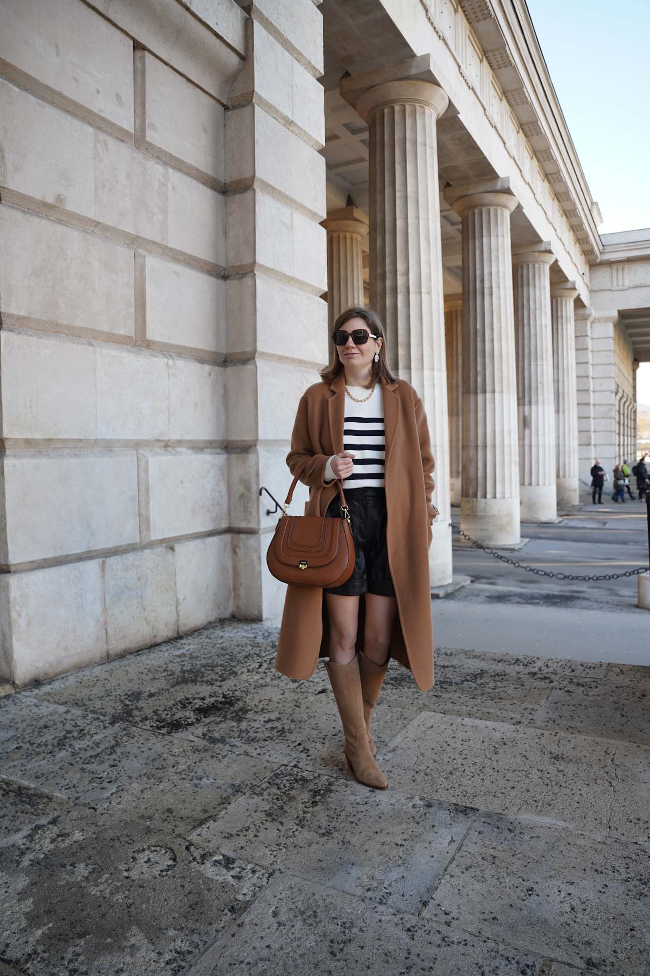 Ledershorts, Sézane Mantel, Winter Outfit, Vienna 