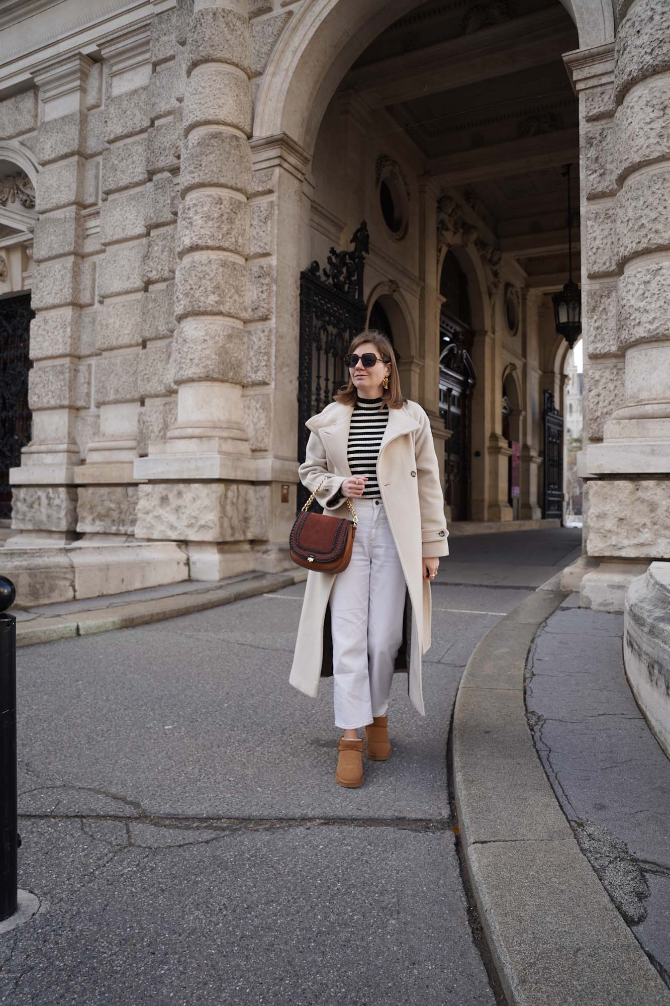 Winter outfit Vienna mango coat Ugg boots striped sweater white jeans 