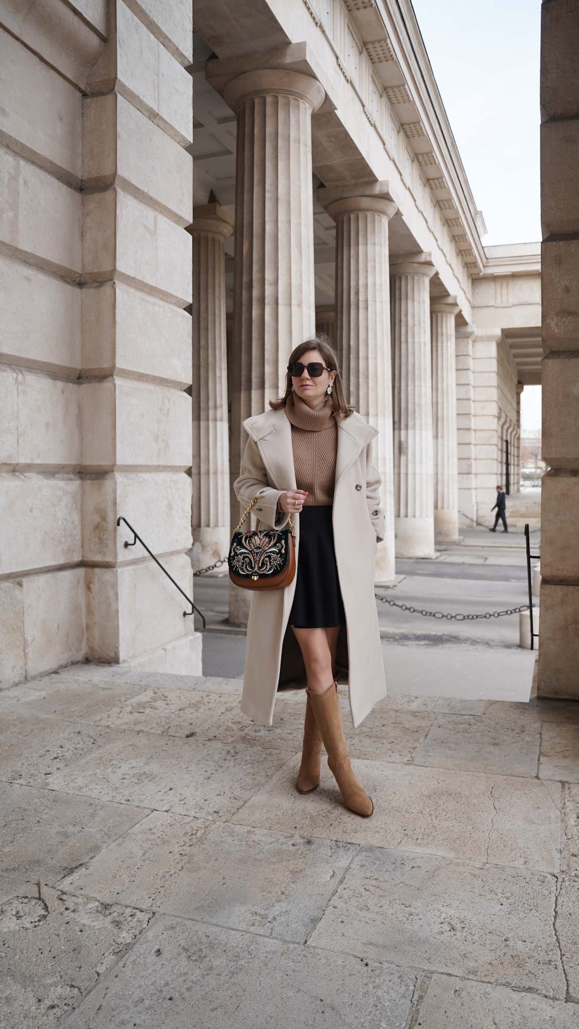 Black mini skirt mango coat winter coat beige coat Vienna casual outfit turtleneck sweater brown outfit 