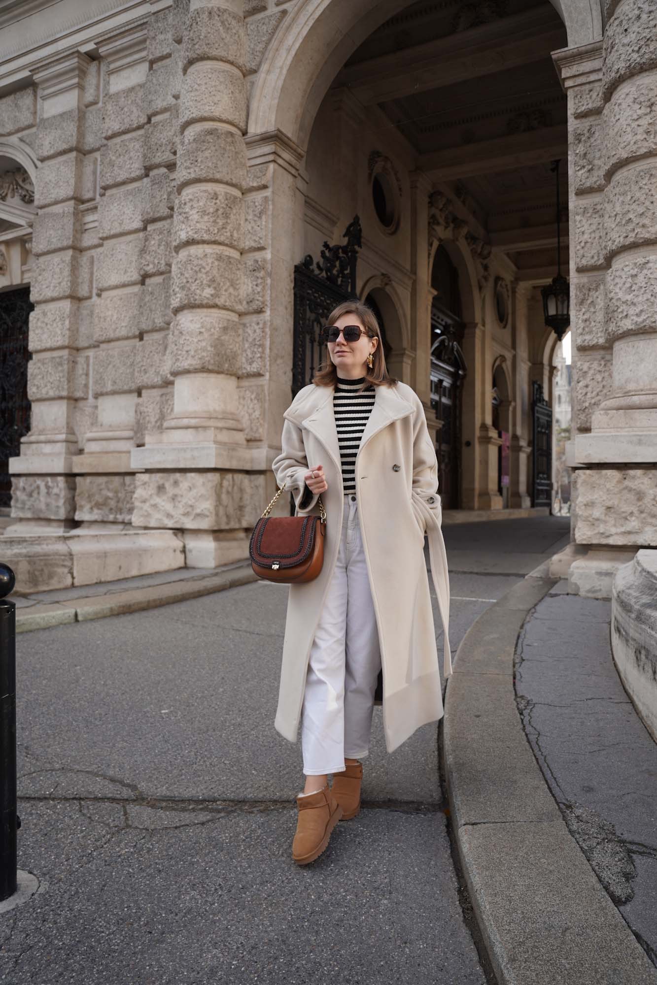 Winter outfit Vienna mango coat Ugg boots striped sweater white jeans 