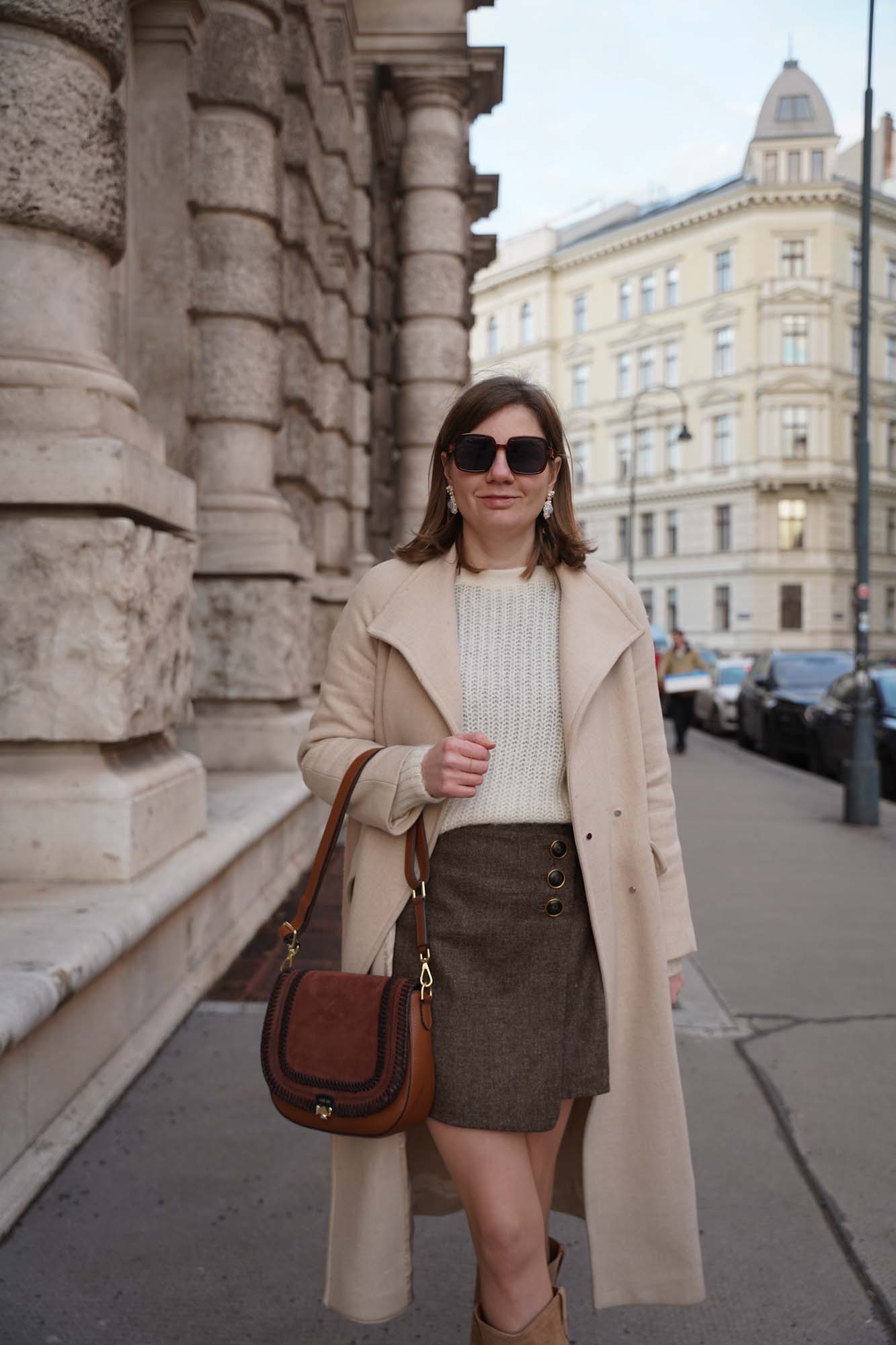 Mango coat, mini skirt Sézane winter outfit Vienna winter trends 2024