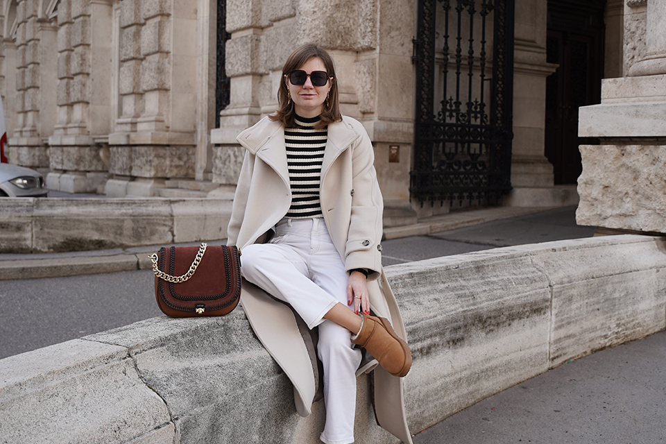Winter outfit Vienna mango coat Ugg boots striped sweater white jeans